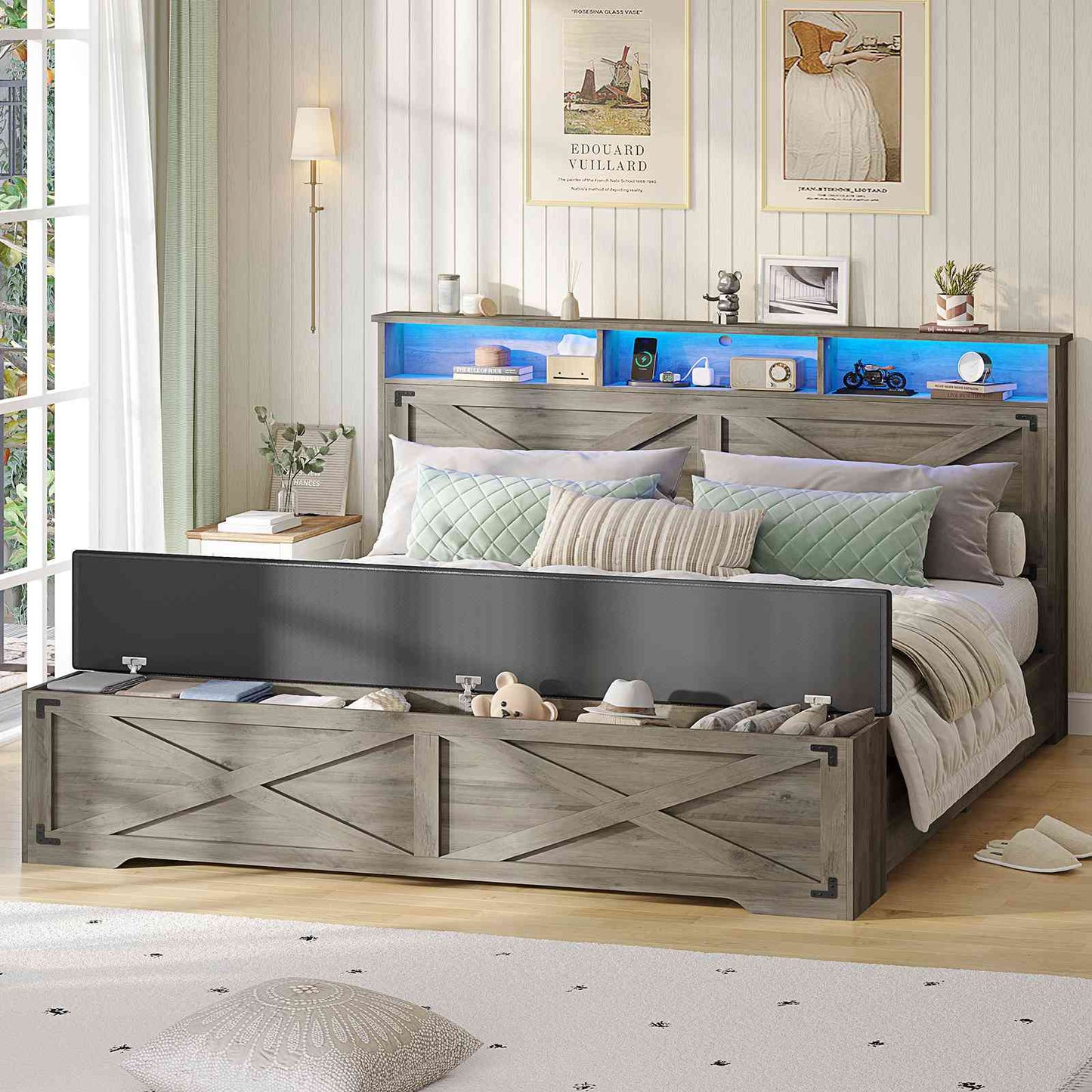 Hasuit | Queen Size Bed Frame with Storage Ottoman Farmhouse Bed Frame with Charging Station and Led Light Headboard with Storage Rack