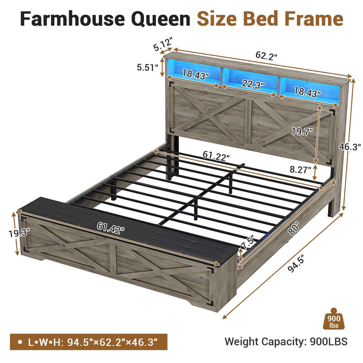 Hasuit | Queen Size Bed Frame with Storage Ottoman Farmhouse Bed Frame with Charging Station and Led Light Headboard with Storage Rack