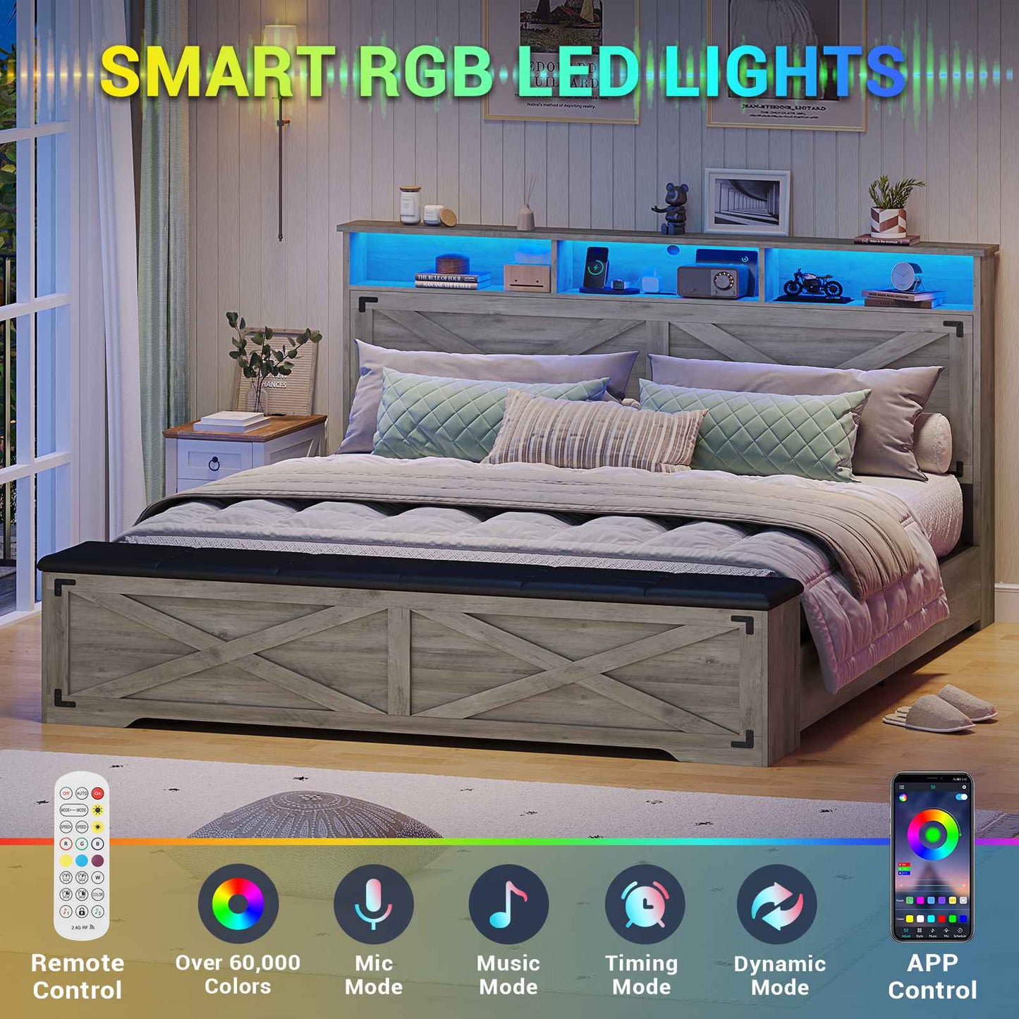 Hasuit | Queen Size Bed Frame with Storage Ottoman Farmhouse Bed Frame with Charging Station and Led Light Headboard with Storage Rack
