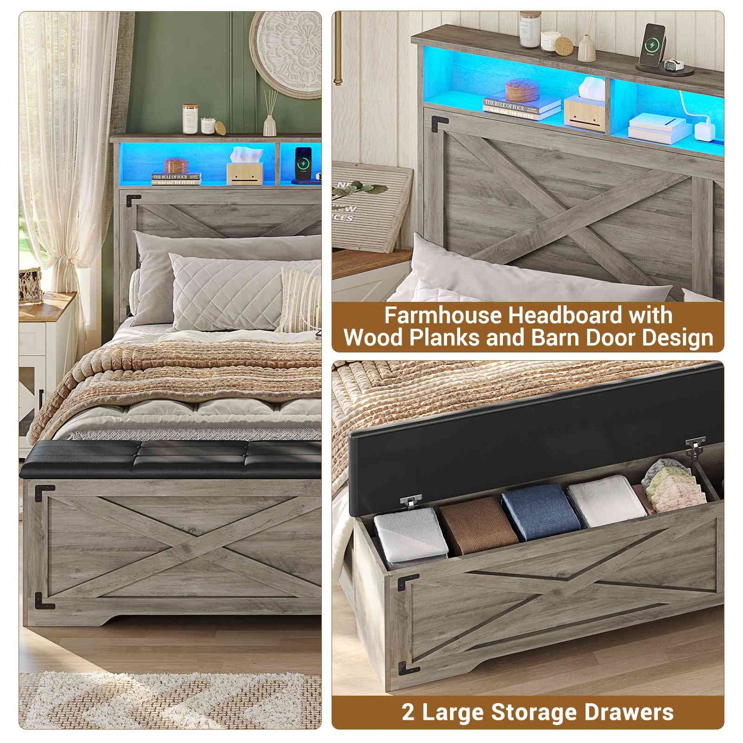Hasuit | Queen Size Bed Frame with Storage Ottoman Farmhouse Bed Frame with Charging Station and Led Light Headboard with Storage Rack