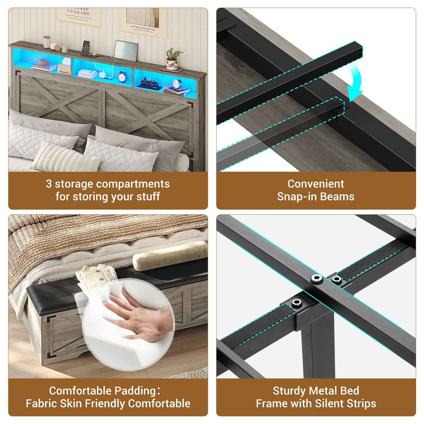 Hasuit | Queen Size Bed Frame with Storage Ottoman Farmhouse Bed Frame with Charging Station and Led Light Headboard with Storage Rack