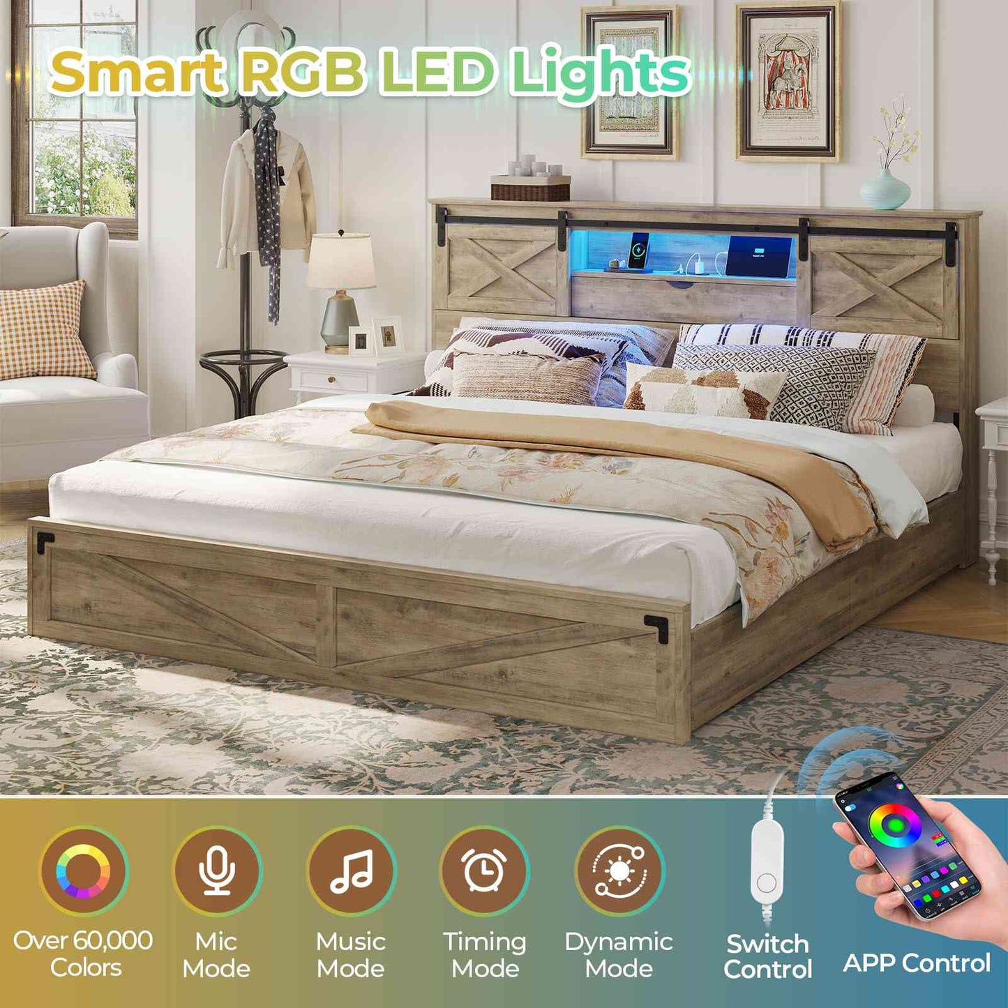 Hasuit | Farmhouse Bed Frame with Storage Bookcase Headboard Wooden Bed with LED Lights and Charging Station Rustic Oak Two Sizes