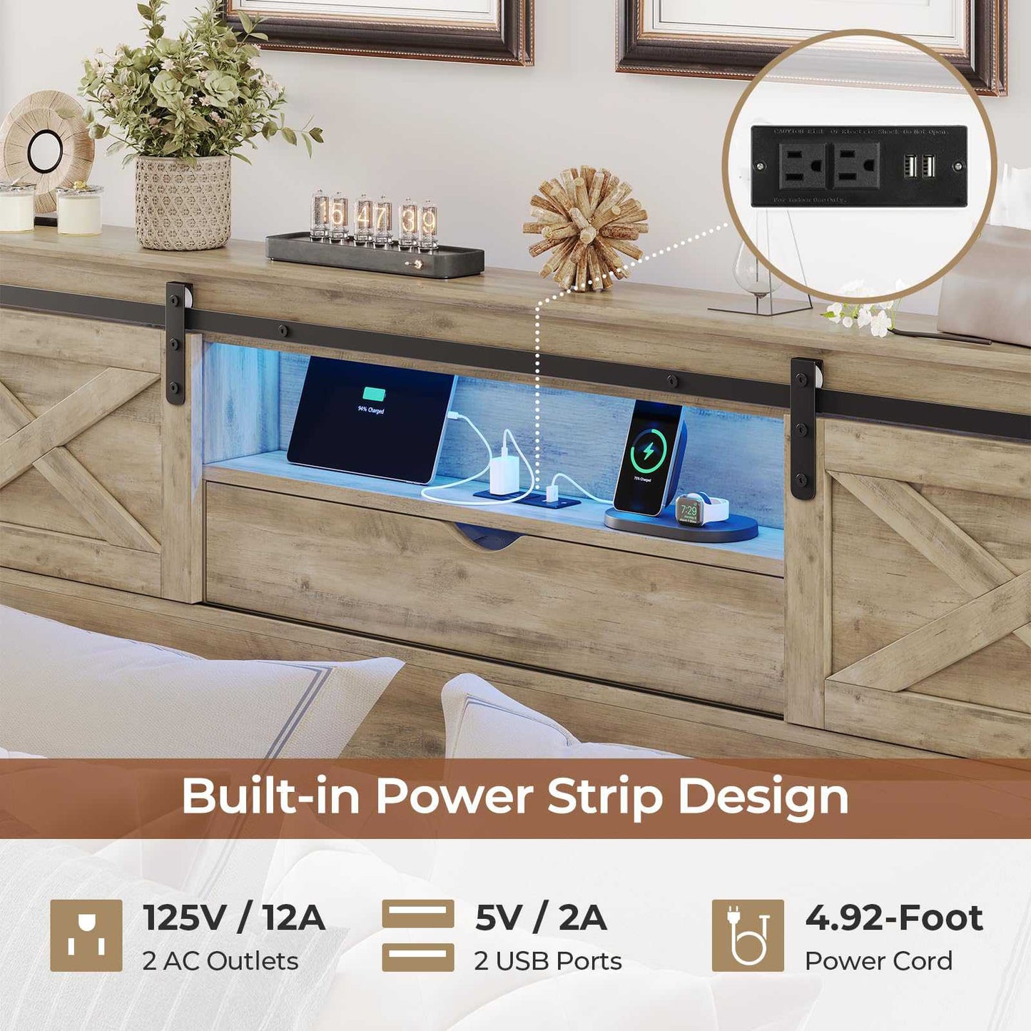 Hasuit | Farmhouse Bed Frame with Storage Bookcase Headboard Wooden Bed with LED Lights and Charging Station Rustic Oak Two Sizes