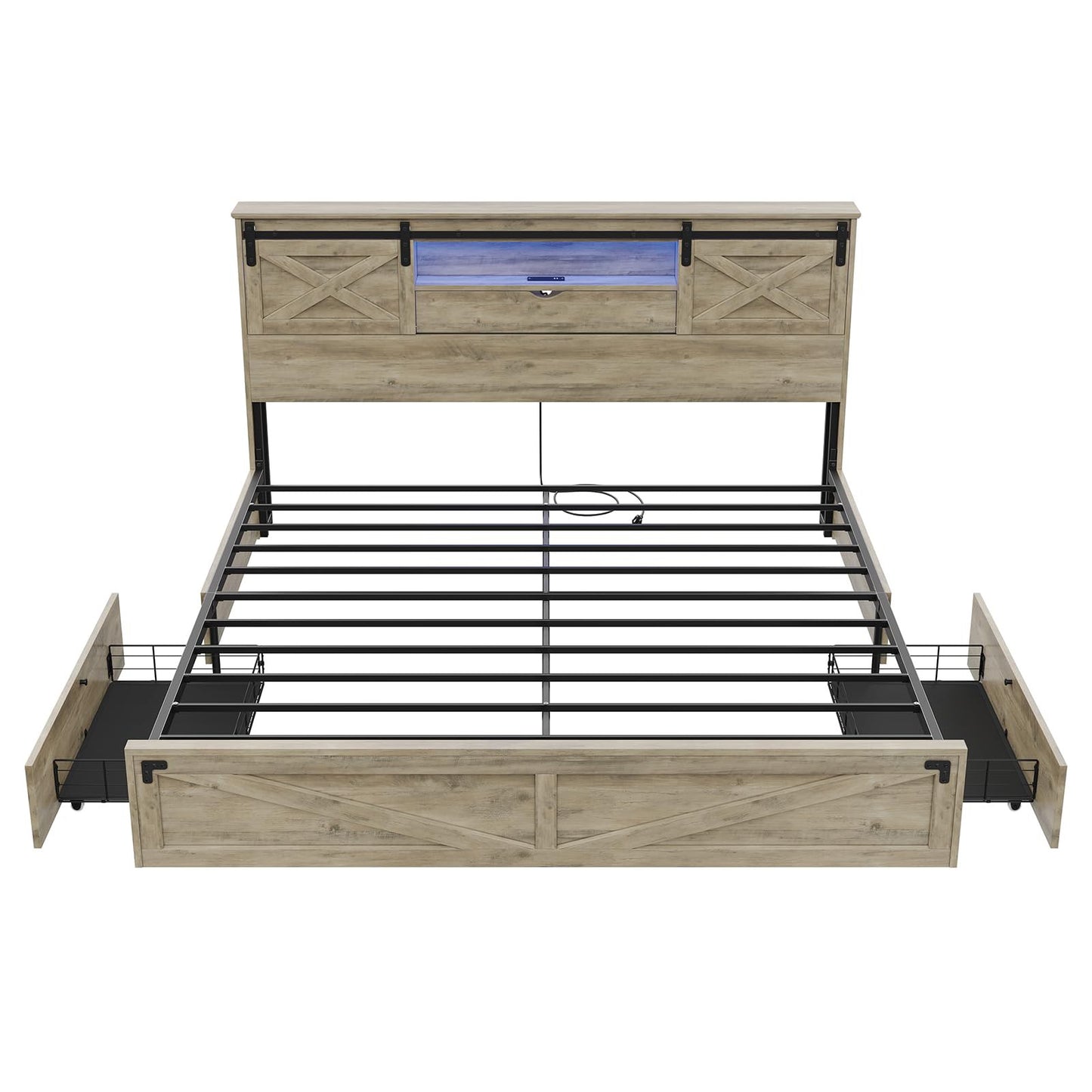 Hasuit | Farmhouse Bed Frame with Storage Bookcase Headboard Wooden Bed with LED Lights and Charging Station Rustic Oak Two Sizes
