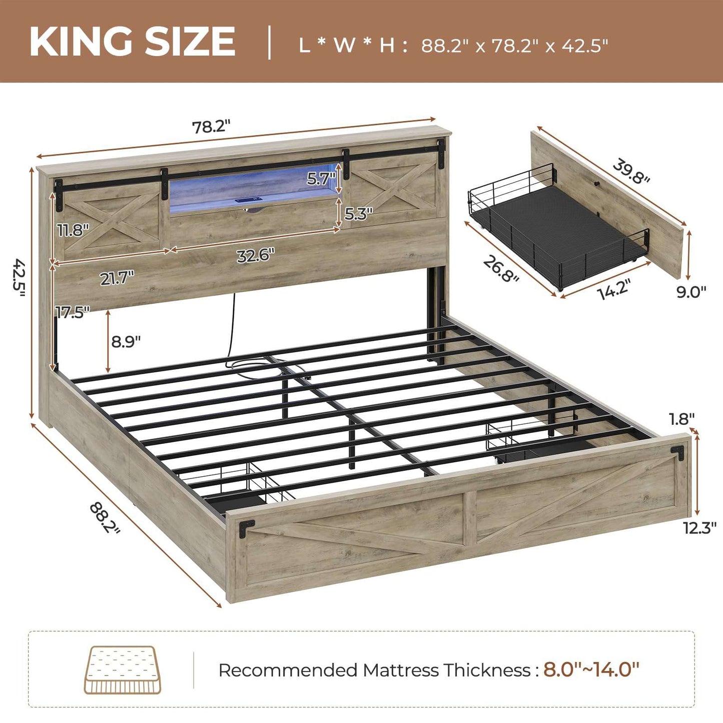 Hasuit | Farmhouse Bed Frame with Storage Bookcase Headboard Wooden Bed with LED Lights and Charging Station Rustic Oak Two Sizes