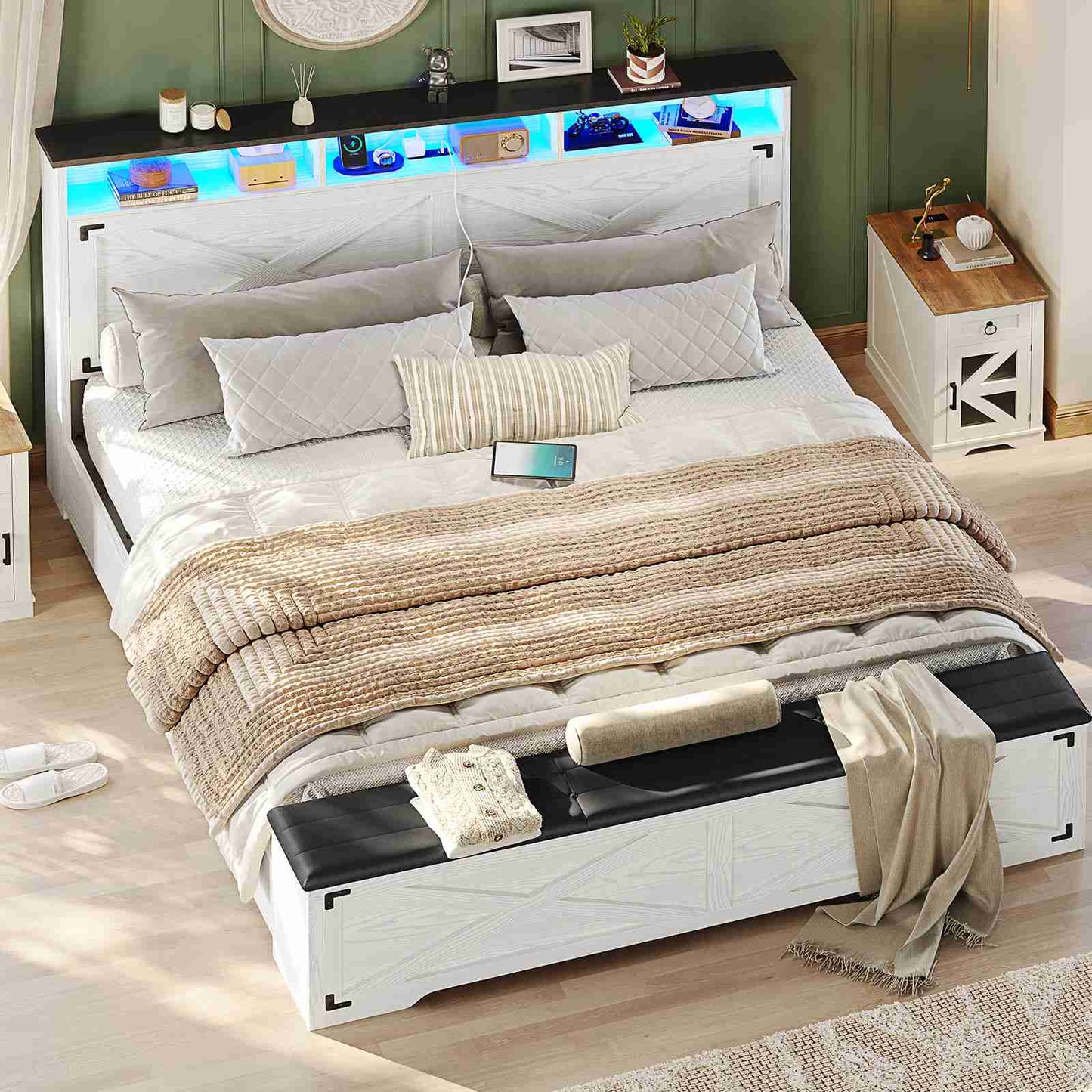 Hasuit | Queen Size Bed Frame with Storage Ottoman Farmhouse Bed Frame with Charging Station and Led Light Headboard with Storage Rack