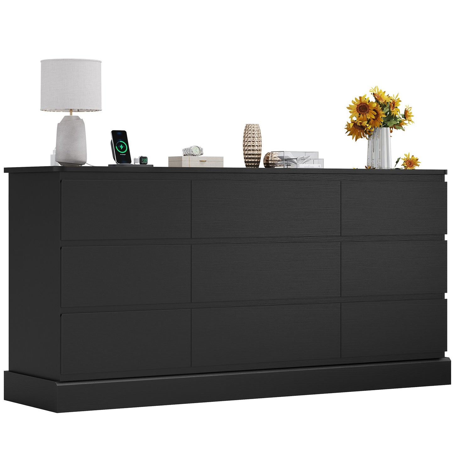 Hasuit | 61.7 Inch Modern Black Dresser with 9 Drawers Wide Dressers with Large Capacity Storage for Bedroom TV Stand with Power Outlets