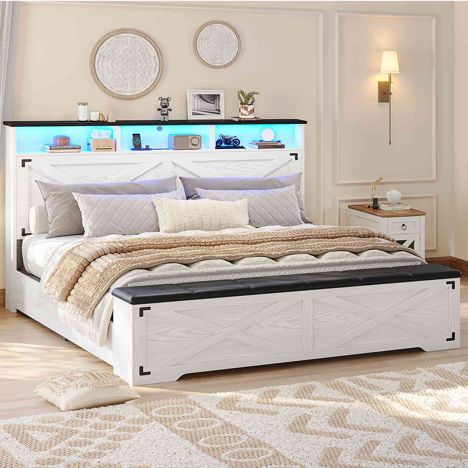 Hasuit | Queen Size Bed Frame with Storage Ottoman Farmhouse Bed Frame