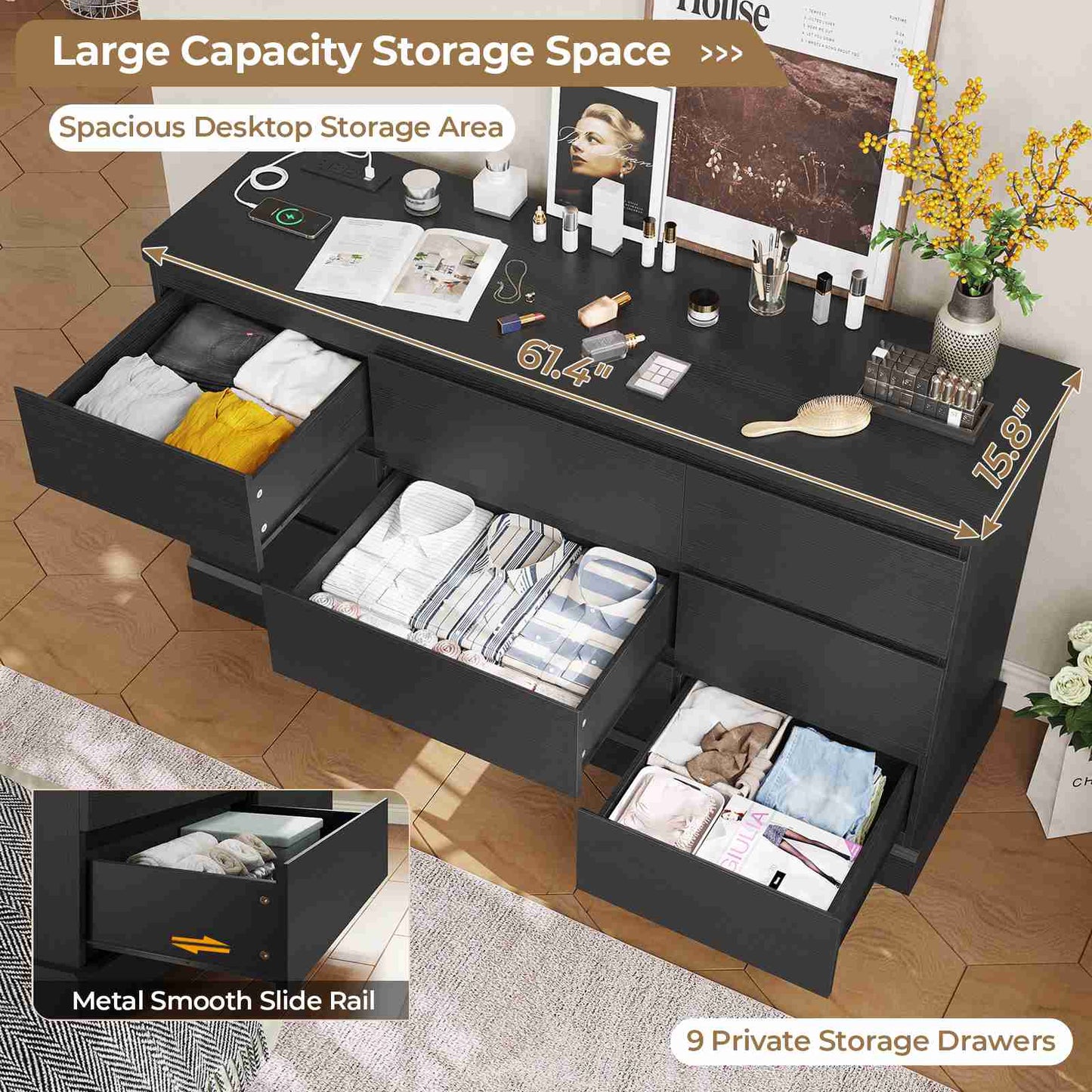 Hasuit | 61.7 Inch Modern Black Dresser with 9 Drawers Wide Dressers with Large Capacity Storage for Bedroom TV Stand with Power Outlets