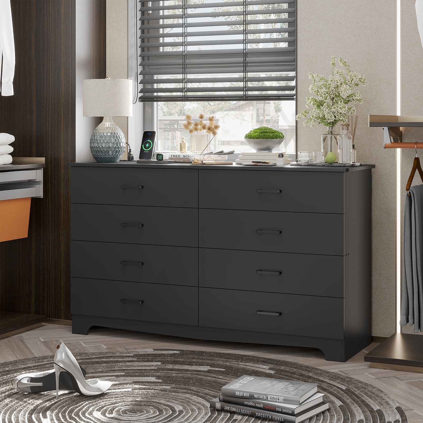 Hasuit | 55.1 Inch Dresser for Bedroom with 8 Drawer Large Chest of Drawers with Charging Station Wide Storage Clothes Closet Organizer TV Stand