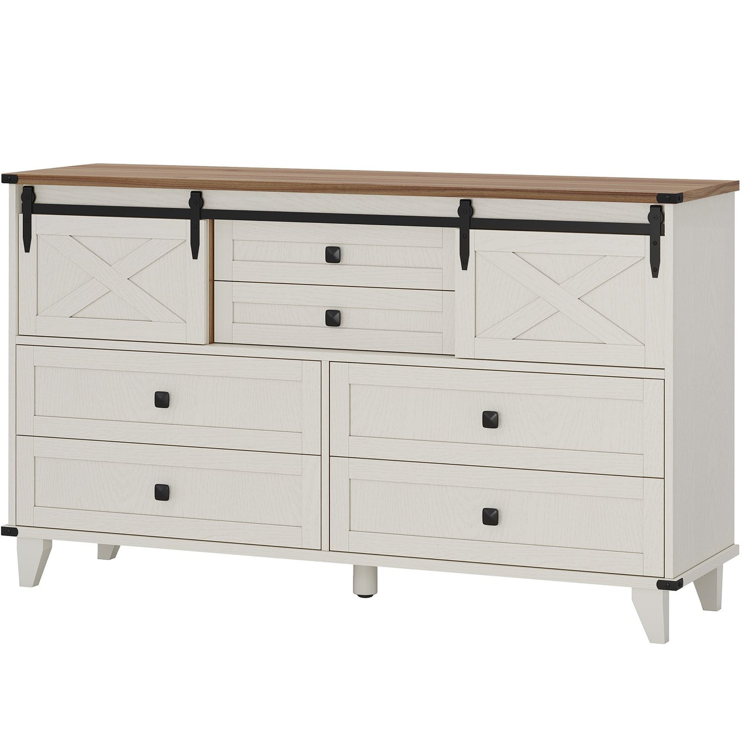 Hasuit | 55.1 Inch Farmhouse 6 Drawer Dresser for Bedroom Retro Chest of Drawers with Sliding Barn Door