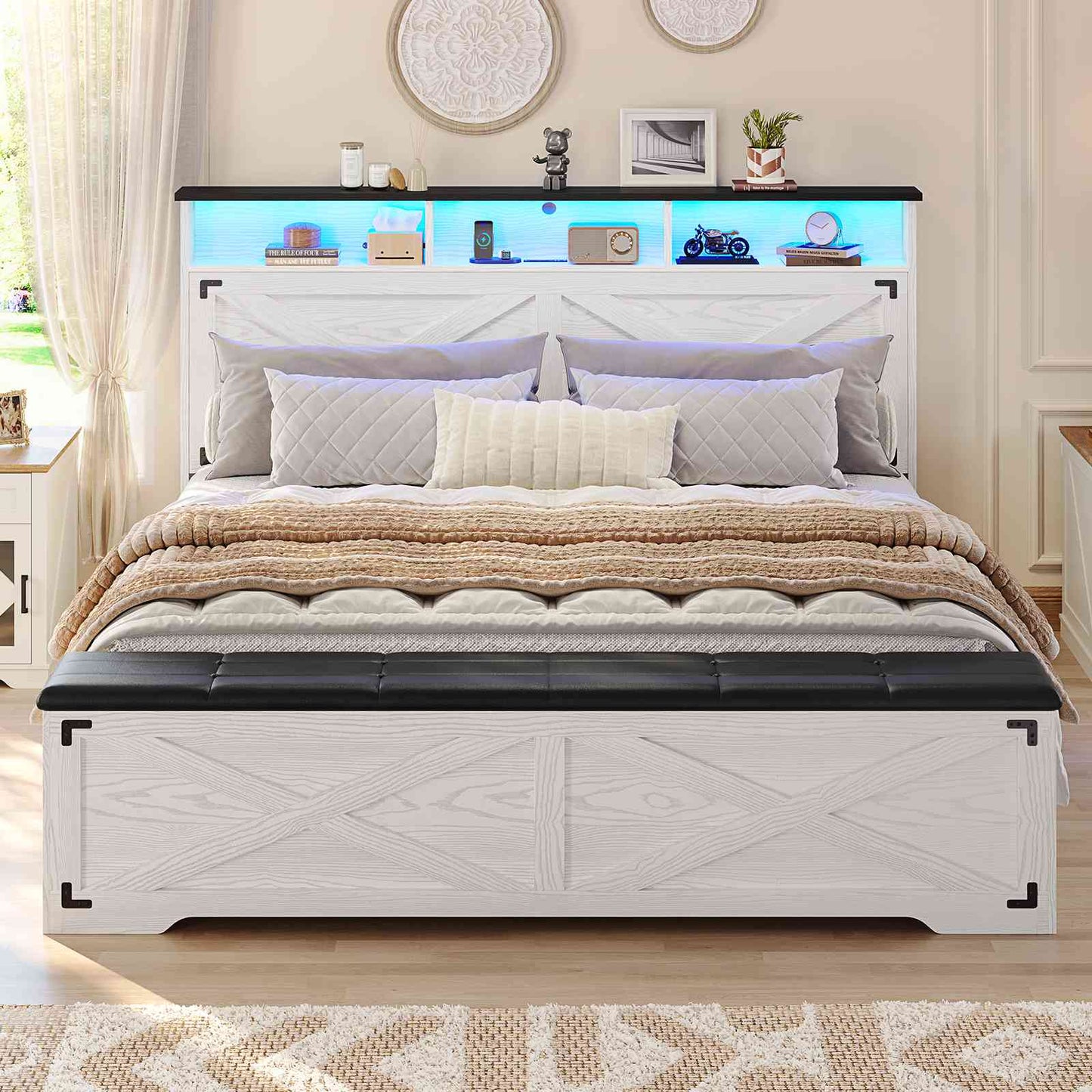 Hasuit | Queen Size Bed Frame with Storage Ottoman Farmhouse Bed Frame with Charging Station and Led Light Headboard with Storage Rack