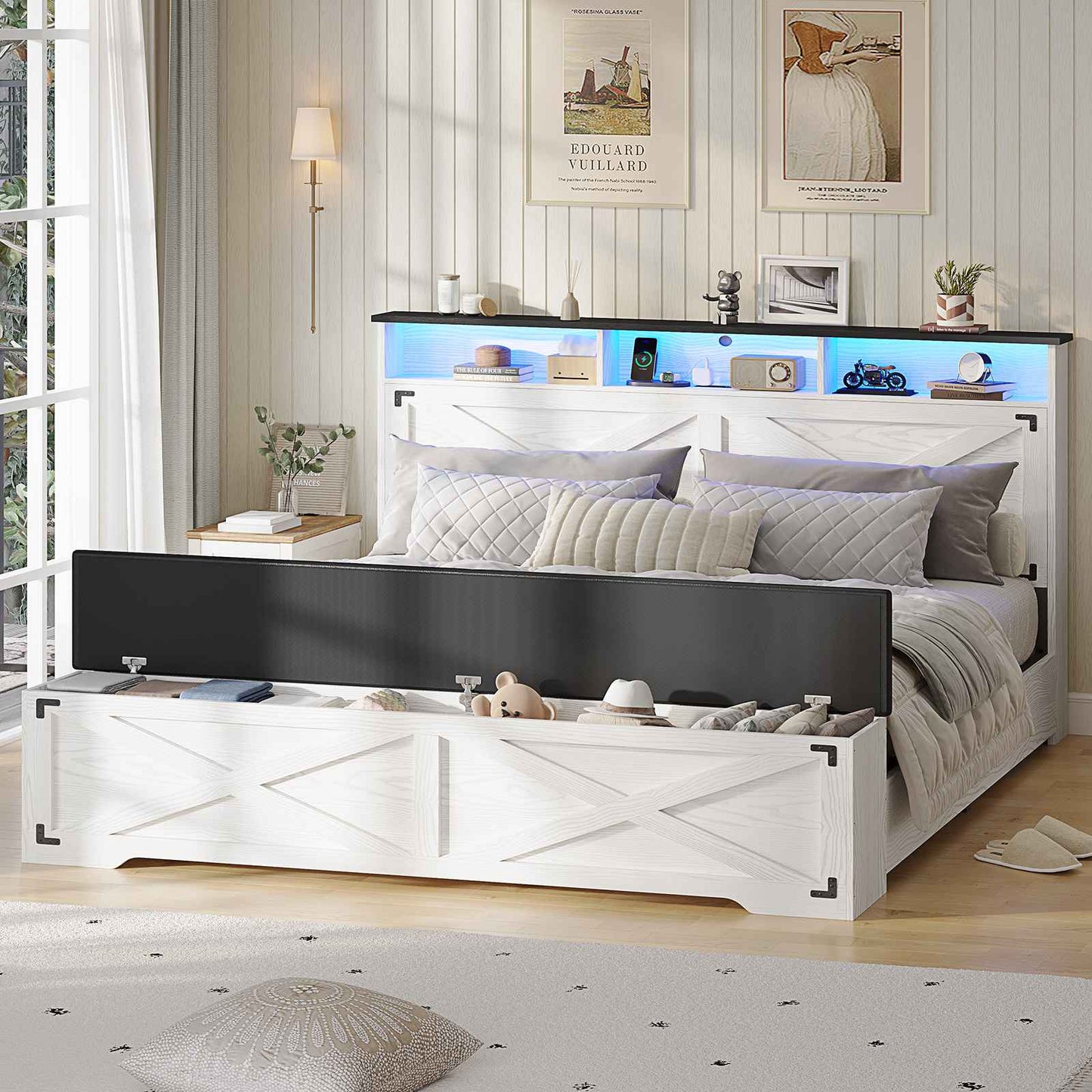 Hasuit | Queen Size Bed Frame with Storage Ottoman Farmhouse Bed Frame with Charging Station and Led Light Headboard with Storage Rack