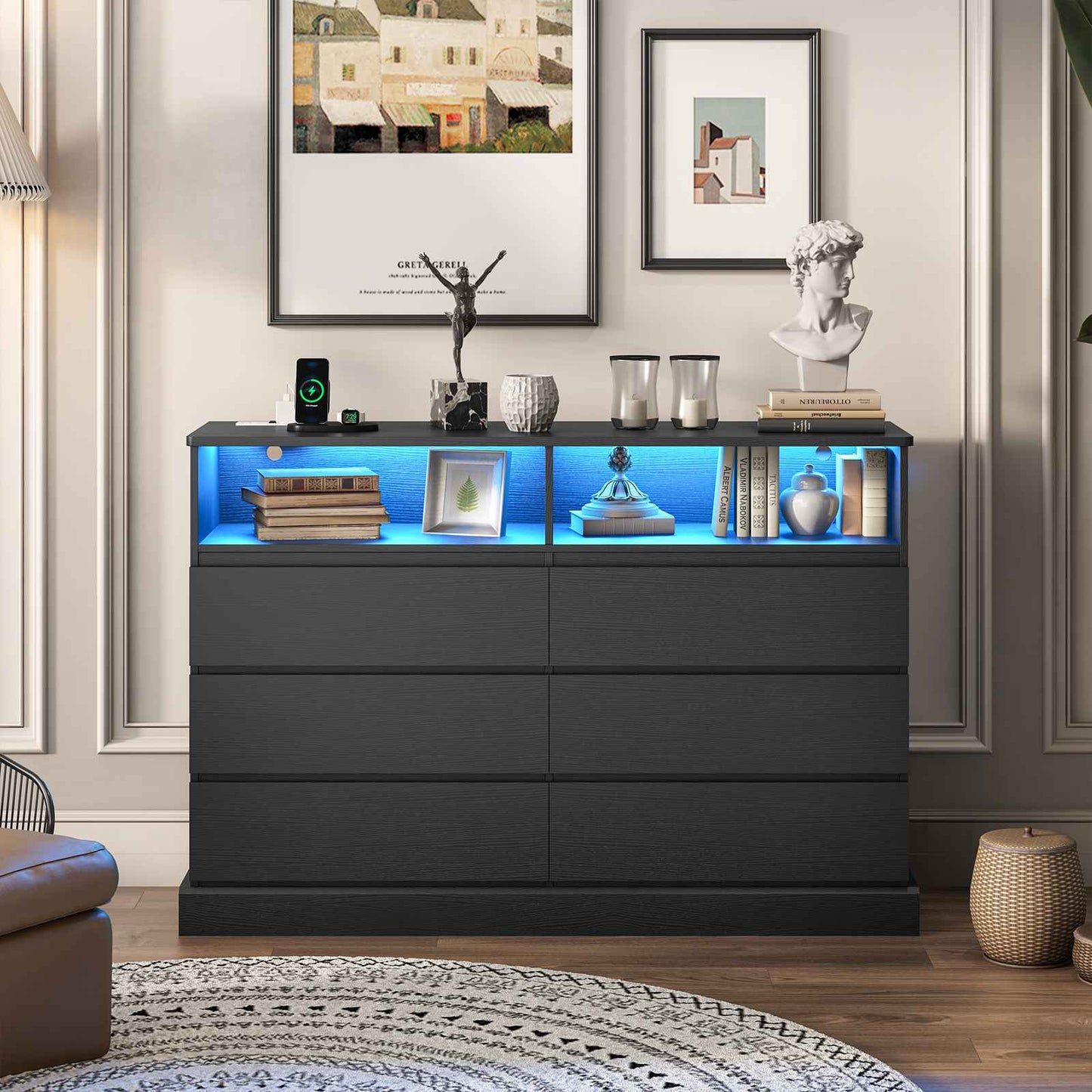 Hasuit | 51.2 Inch Dresser for Bedroom with LED Lights and Charging Station Long Modern Dressers Chest of Drawer with Open Space and 6 Drawer