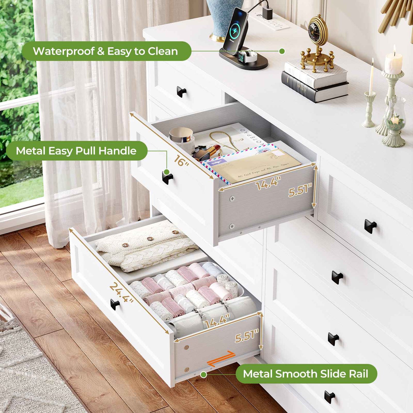 Hasuit | 51.2 Inch Dresser with 9 Drawers Large Farmhouse Drawer Dressers with Charging Station Wooden Storage Tower Organizer for Bedroom White
