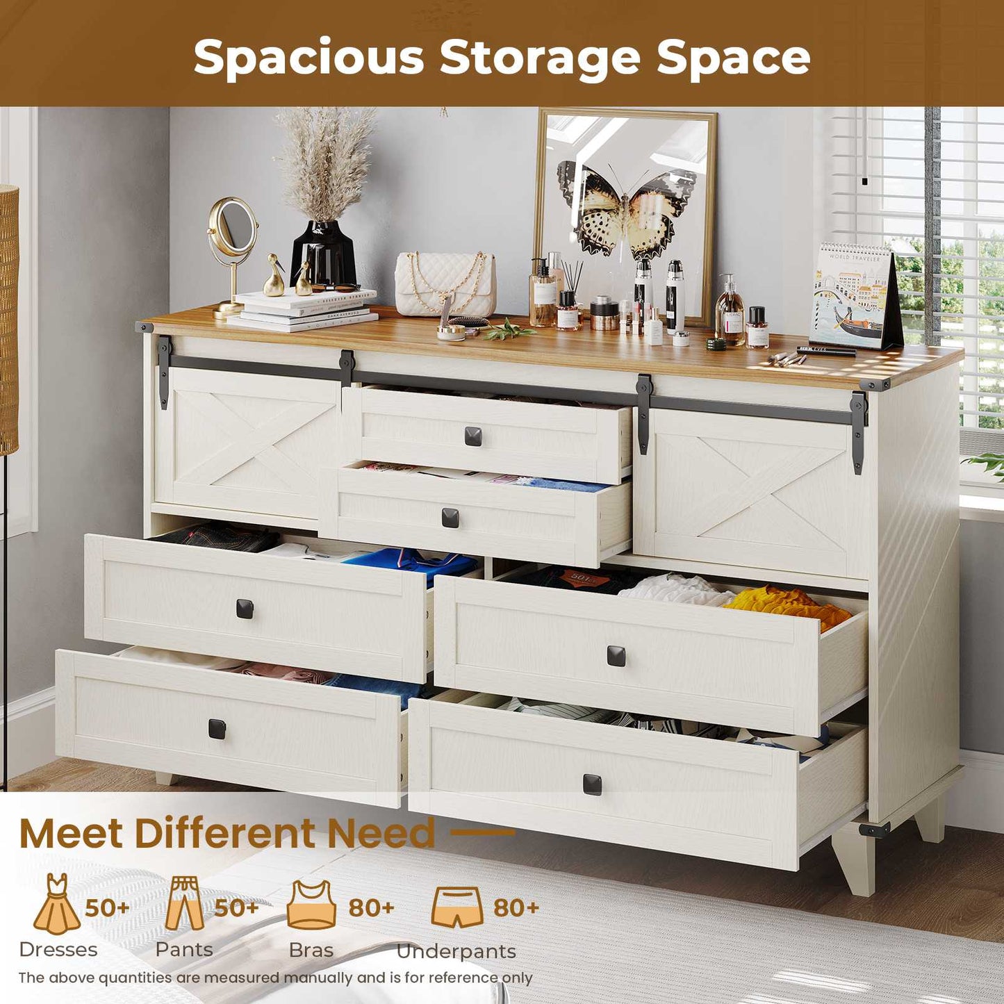 Hasuit | 55.1 Inch Farmhouse 6 Drawer Dresser for Bedroom Retro Chest of Drawers with Sliding Barn Door