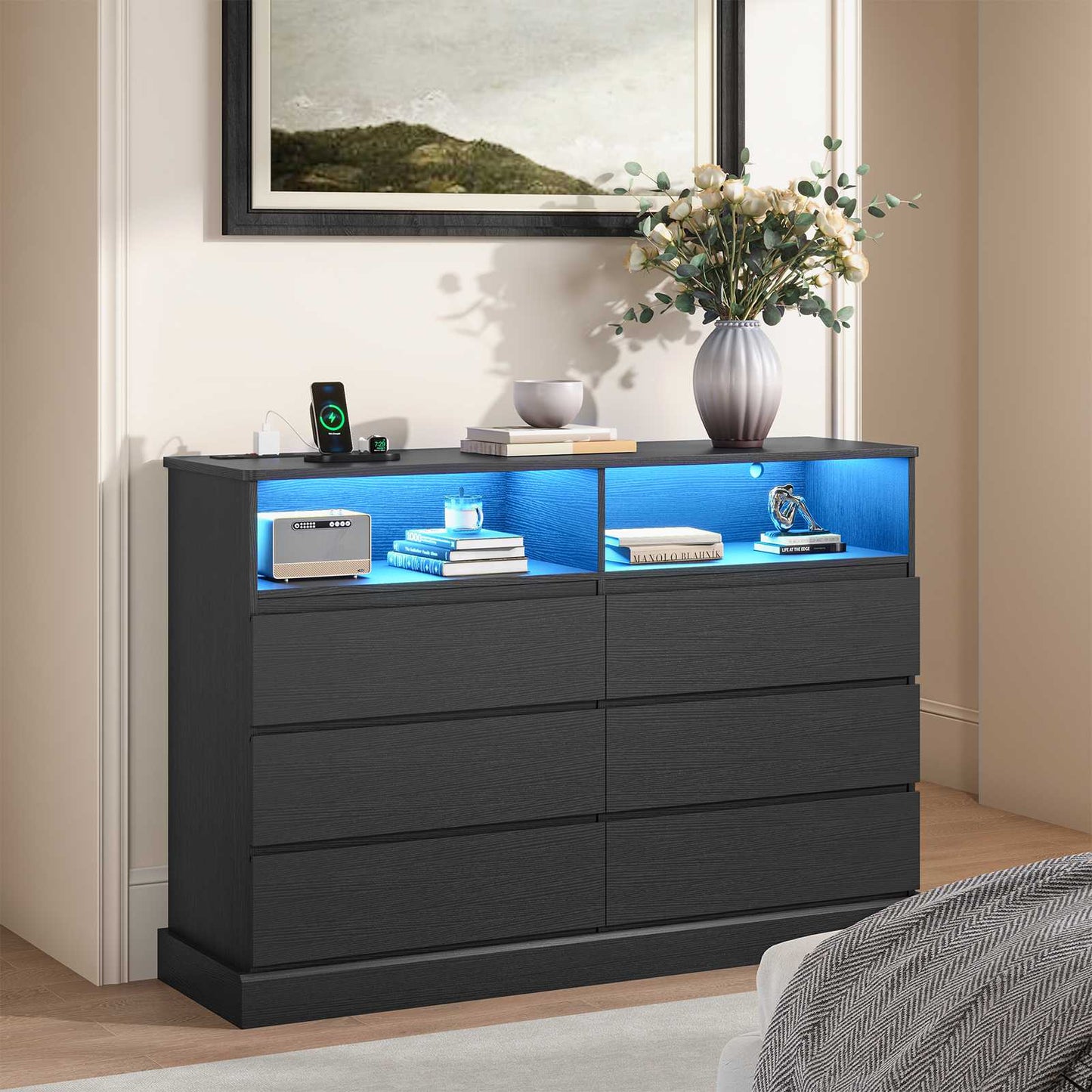 Hasuit | 51.2 Inch Dresser for Bedroom with LED Lights and Charging Station Long Modern Dressers Chest of Drawer with Open Space and 6 Drawer