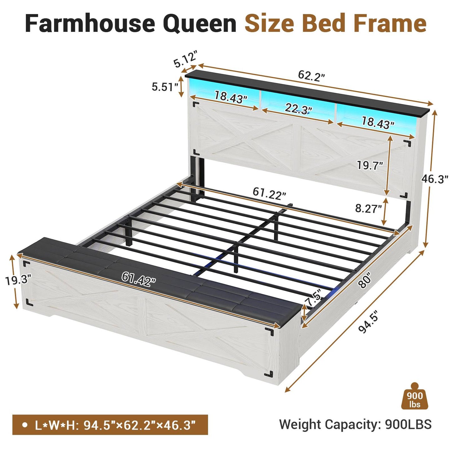 Hasuit | Queen Size Bed Frame with Storage Ottoman Farmhouse Bed Frame with Charging Station and Led Light Headboard with Storage Rack