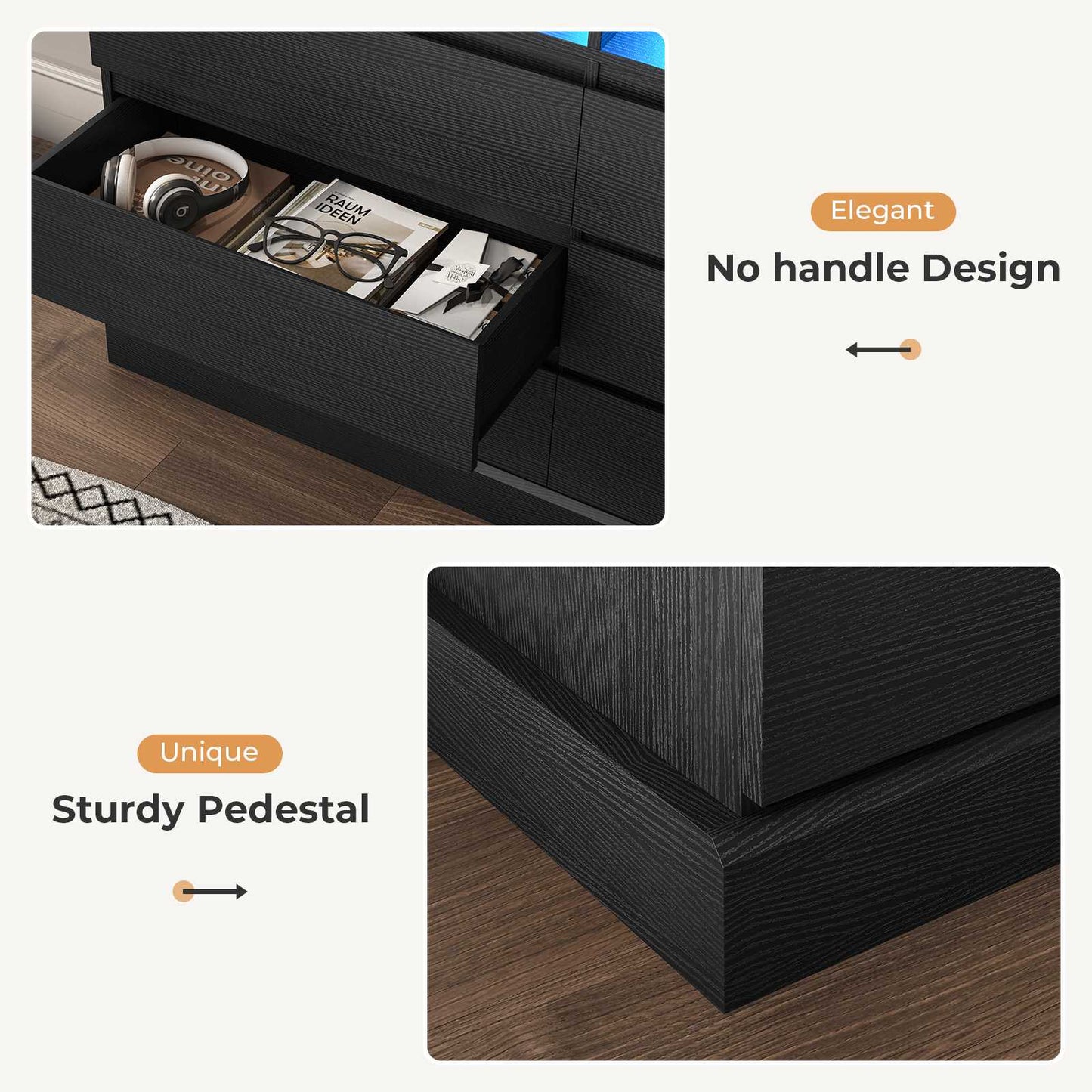 Hasuit | 51.2 Inch Dresser for Bedroom with LED Lights and Charging Station Long Modern Dressers Chest of Drawer with Open Space and 6 Drawer