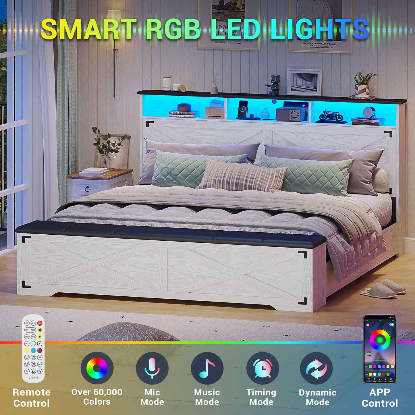 Hasuit | Queen Size Bed Frame with Storage Ottoman Farmhouse Bed Frame with Charging Station and Led Light Headboard with Storage Rack