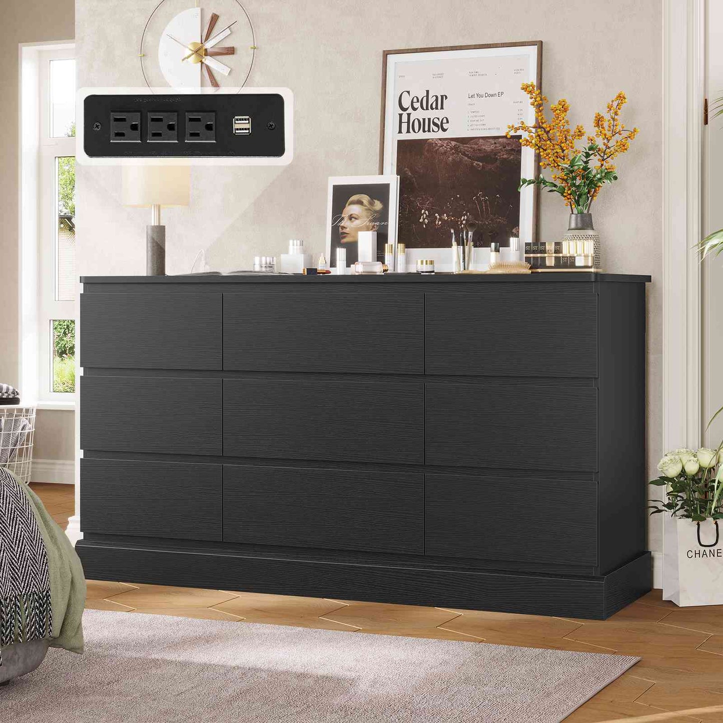 Hasuit | 61.7 Inch Modern Black Dresser with 9 Drawers Wide Dressers with Large Capacity Storage for Bedroom TV Stand with Power Outlets