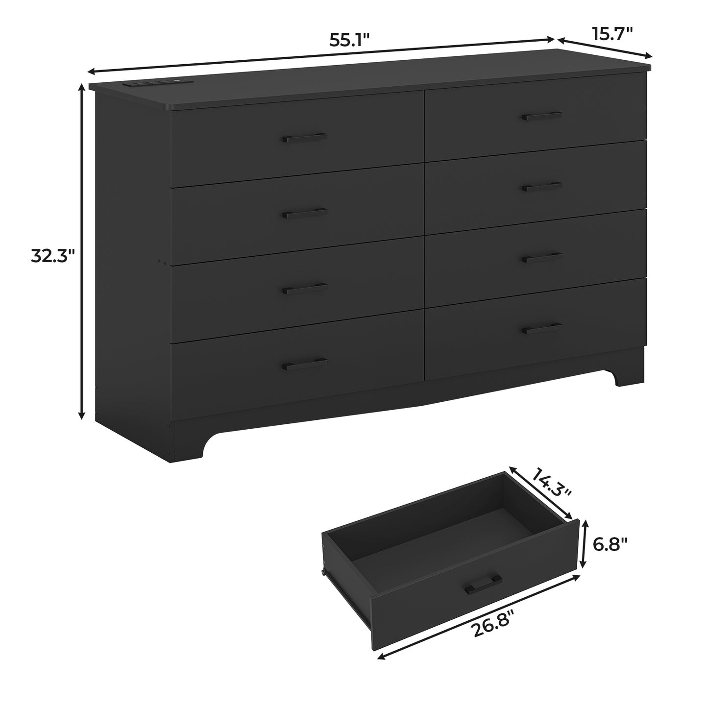 Hasuit | 55.1 Inch Dresser for Bedroom with 8 Drawer Large Chest of Drawers with Charging Station Wide Storage Clothes Closet Organizer TV Stand