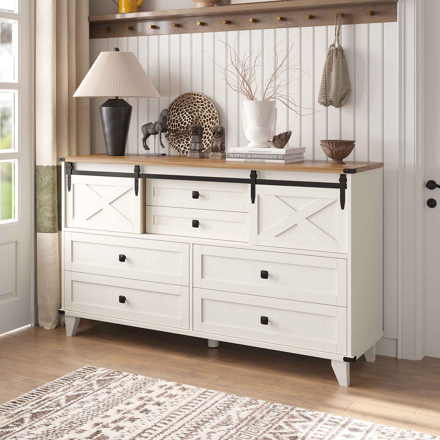 Hasuit | 55.1 Inch Farmhouse 6 Drawer Dresser for Bedroom Retro Chest of Drawers with Sliding Barn Door