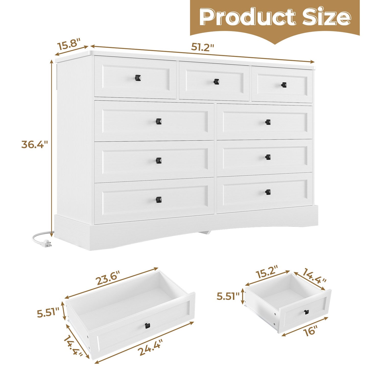 Hasuit | 51.2 Inch Dresser with 9 Drawers Large Farmhouse Drawer Dressers with Charging Station Wooden Storage Tower Organizer for Bedroom