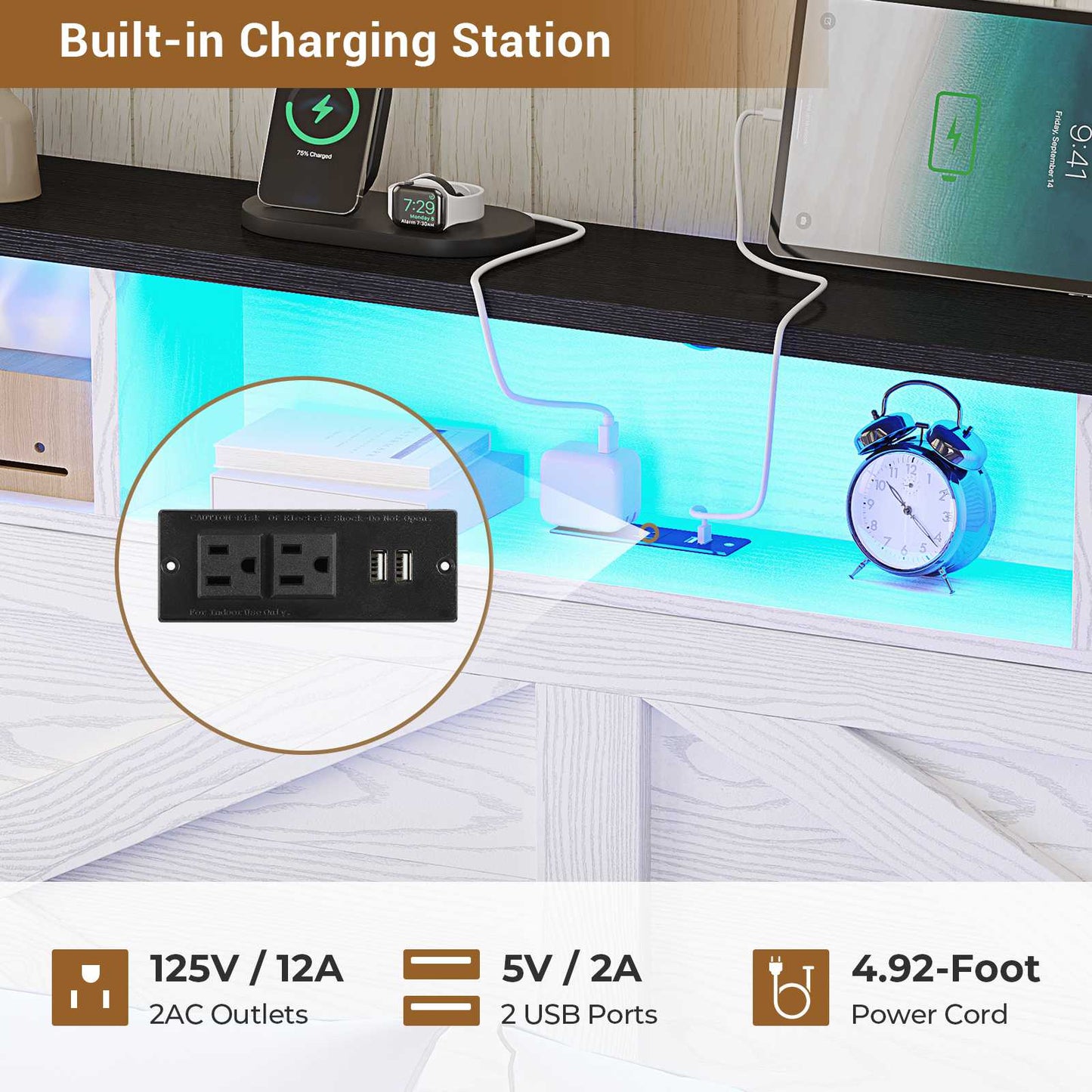 Hasuit | Queen Size Bed Frame with Storage Ottoman Farmhouse Bed Frame with Charging Station and Led Light Headboard with Storage Rack