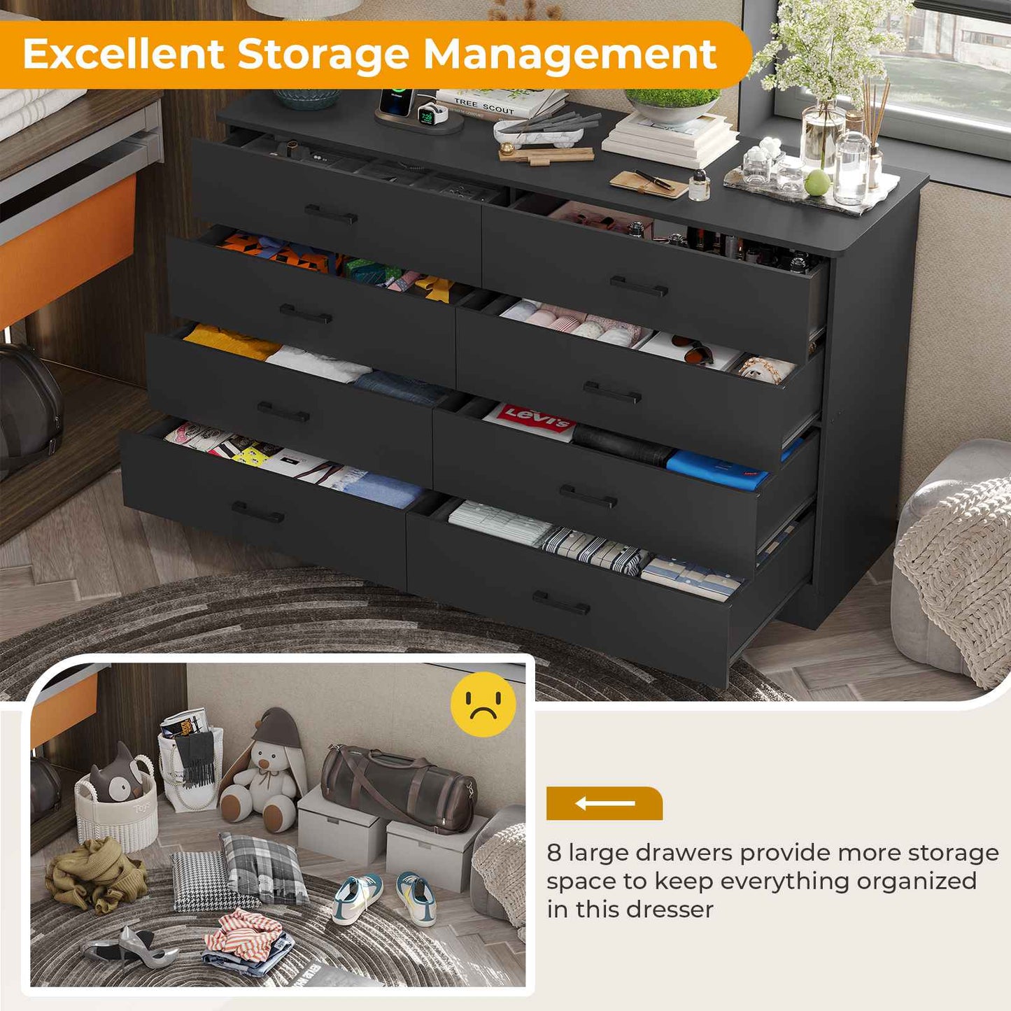 Hasuit | 55.1 Inch Dresser for Bedroom with 8 Drawer Large Chest of Drawers with Charging Station Wide Storage Clothes Closet Organizer TV Stand