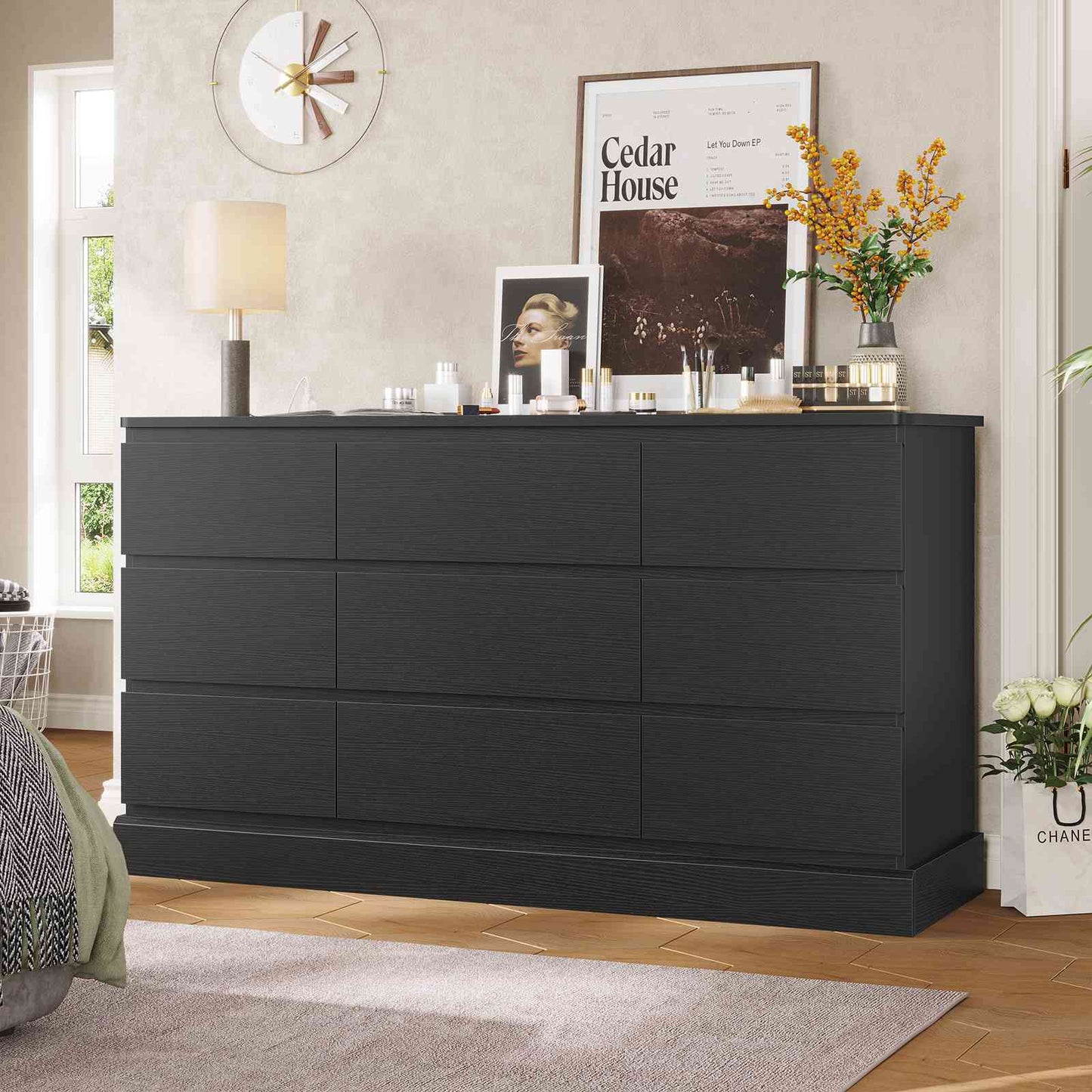 Hasuit | 61.7 Inch Modern Black Dresser with 9 Drawers Wide Dressers with Large Capacity Storage for Bedroom TV Stand with Power Outlets