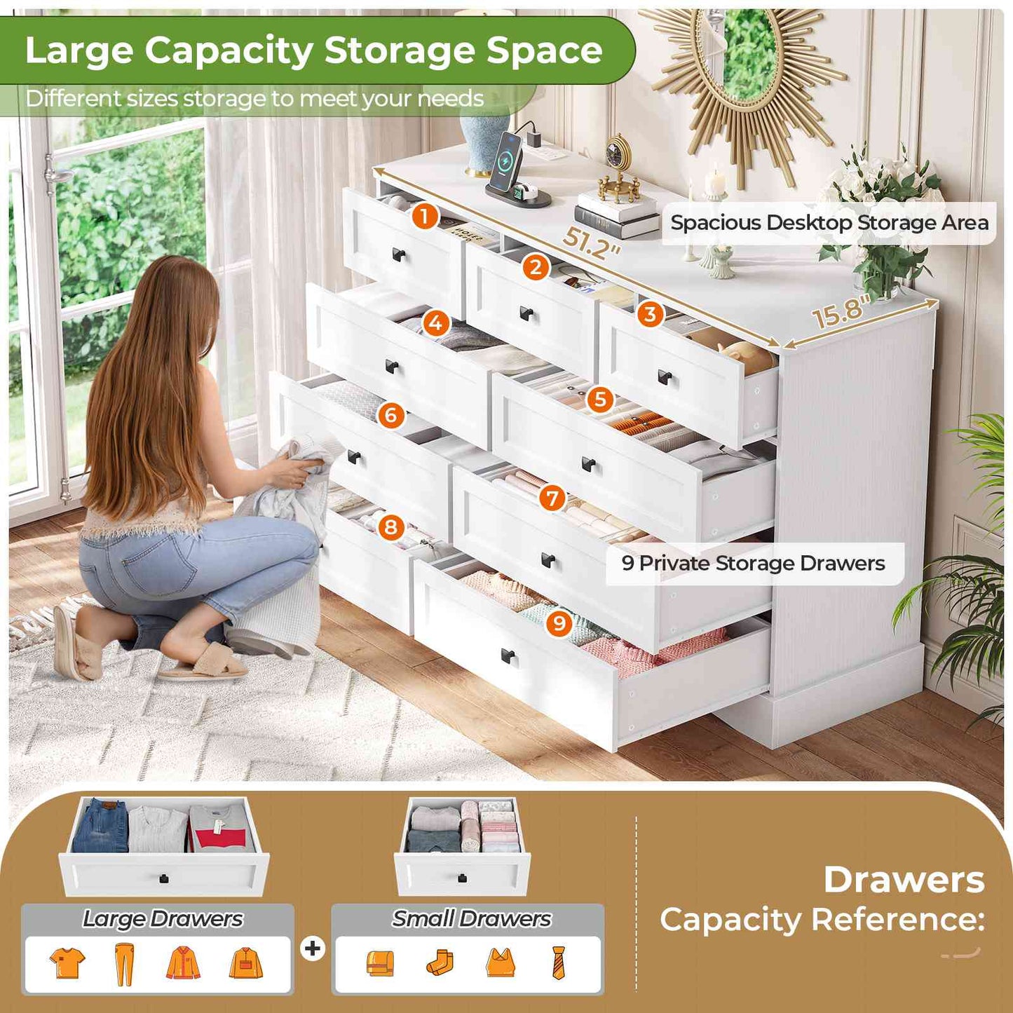 Hasuit | 51.2 Inch Dresser with 9 Drawers Large Farmhouse Drawer Dressers with Charging Station Wooden Storage Tower Organizer for Bedroom White