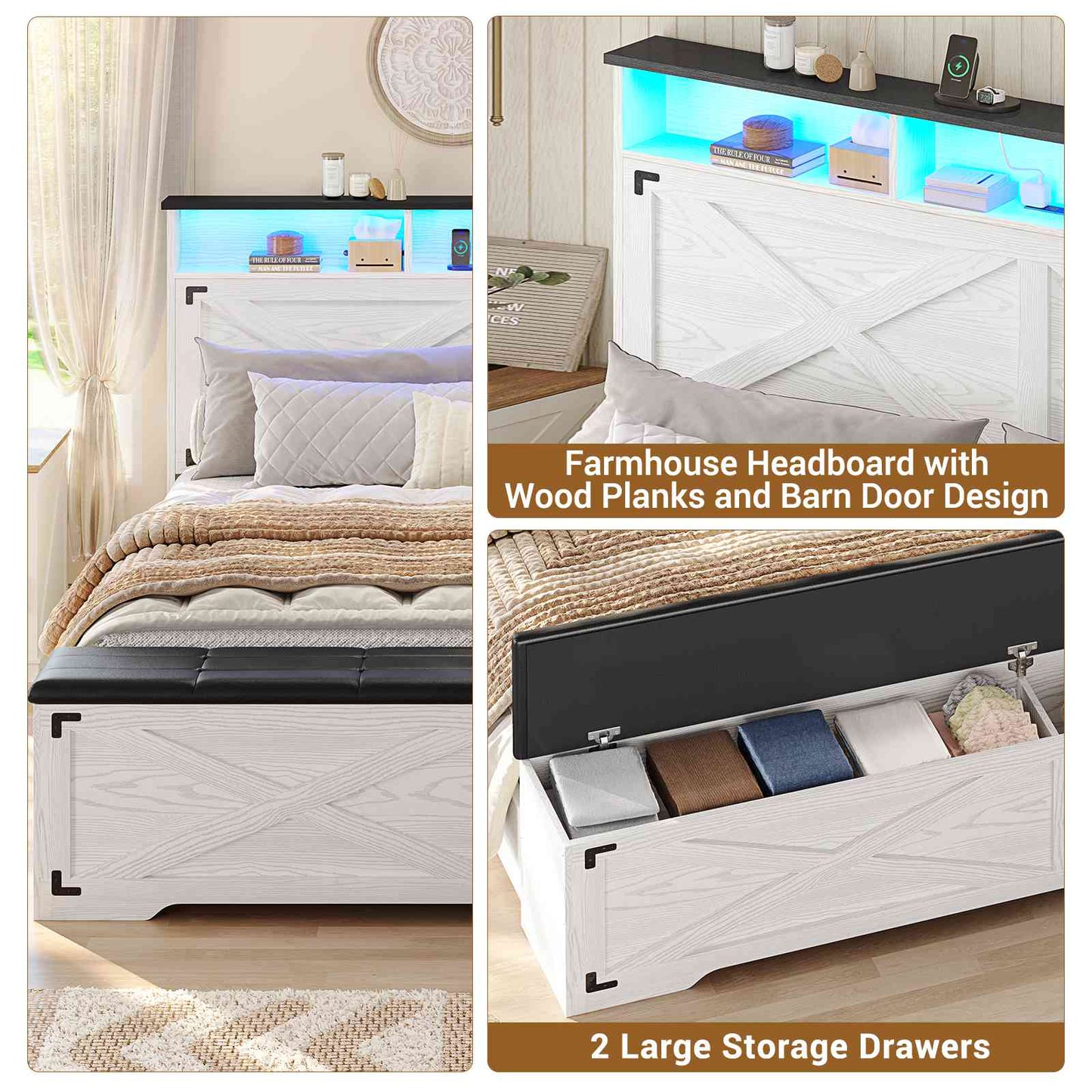 Hasuit | Queen Size Bed Frame with Storage Ottoman Farmhouse Bed Frame with Charging Station and Led Light Headboard with Storage Rack