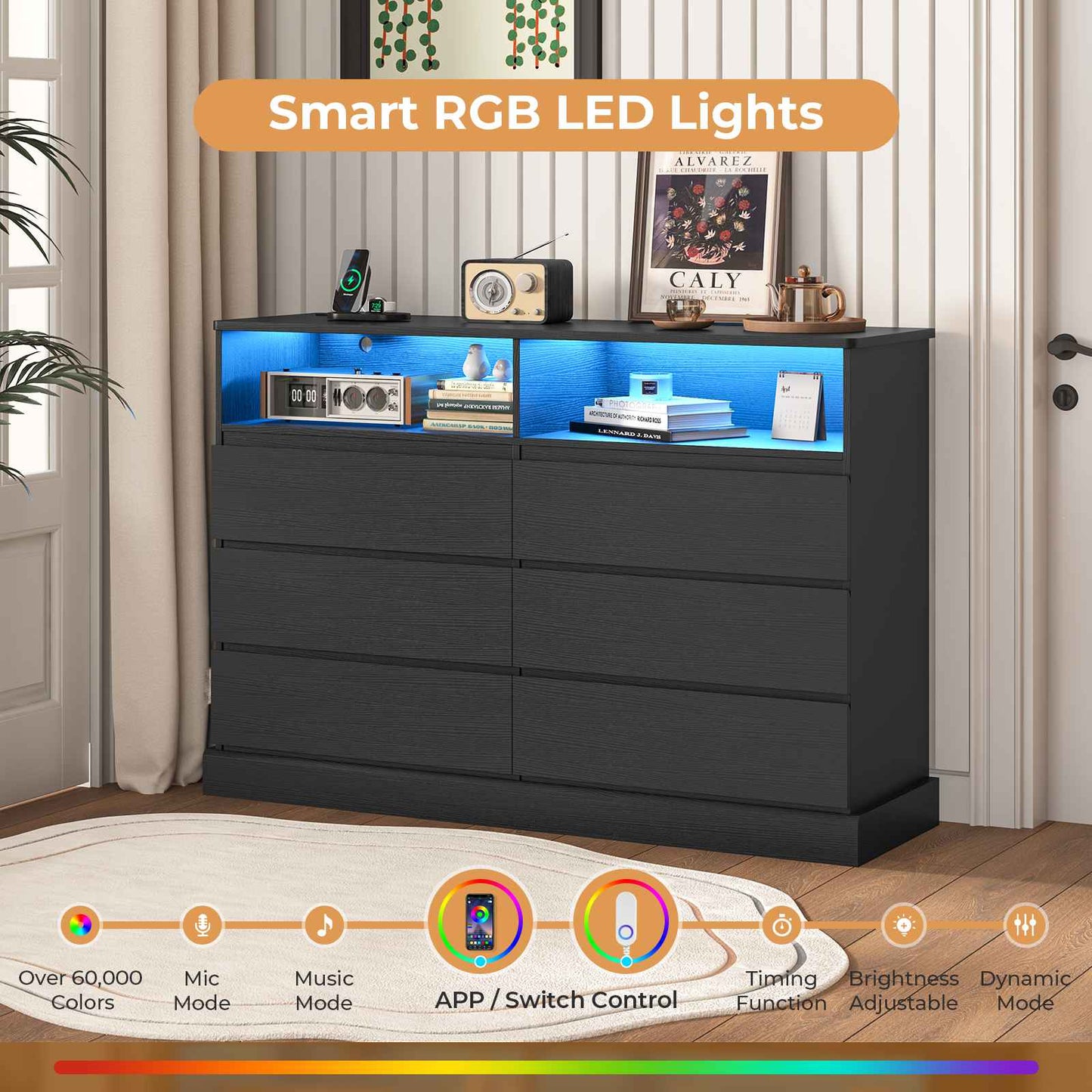 Hasuit | 51.2 Inch Dresser for Bedroom with LED Lights and Charging Station Long Modern Dressers Chest of Drawer with Open Space and 6 Drawer