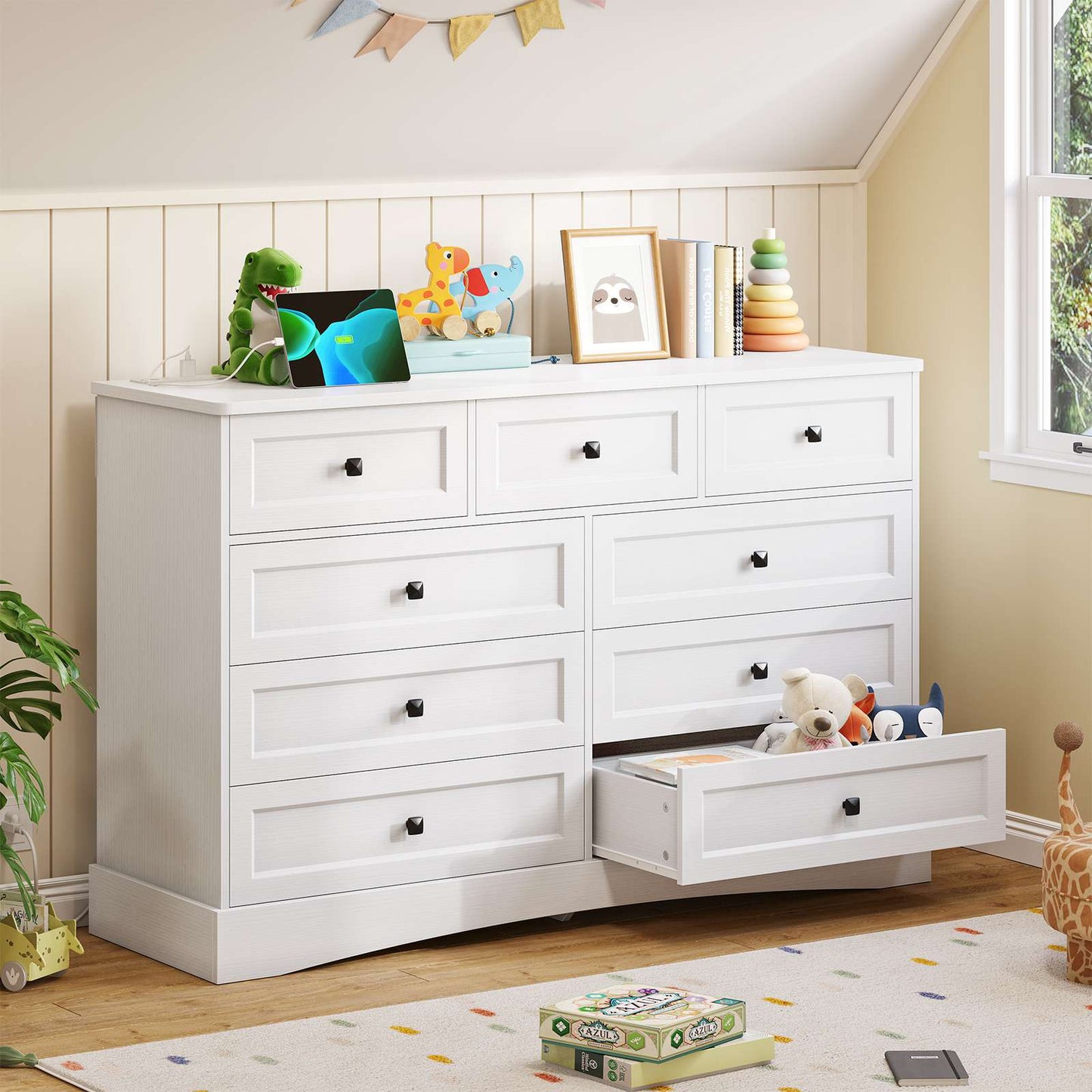 Hasuit | 51.2 Inch Dresser with 9 Drawers Large Farmhouse Drawer Dressers with Charging Station Wooden Storage Tower Organizer for Bedroom White