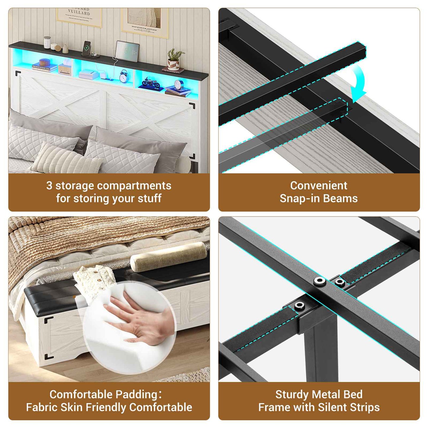 Hasuit | Queen Size Bed Frame with Storage Ottoman Farmhouse Bed Frame with Charging Station and Led Light Headboard with Storage Rack