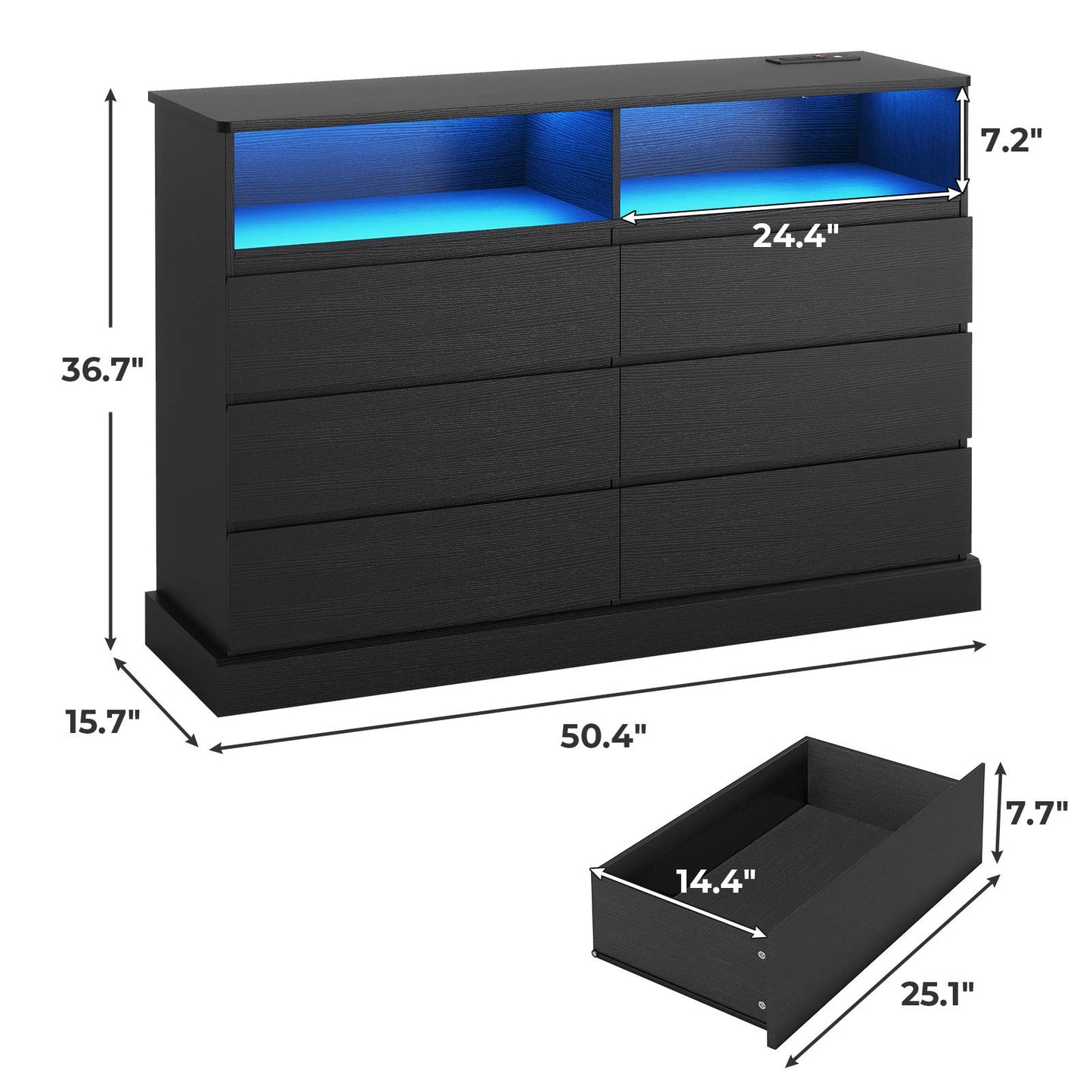 Hasuit | 51.2 Inch Dresser for Bedroom with LED Lights and Charging Station Long Modern Dressers Chest of Drawer with Open Space and 6 Drawer