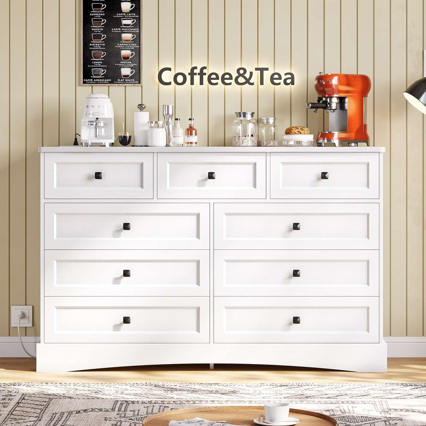 Hasuit | 51.2 Inch Dresser with 9 Drawers Large Farmhouse Drawer Dressers with Charging Station Wooden Storage Tower Organizer for Bedroom White