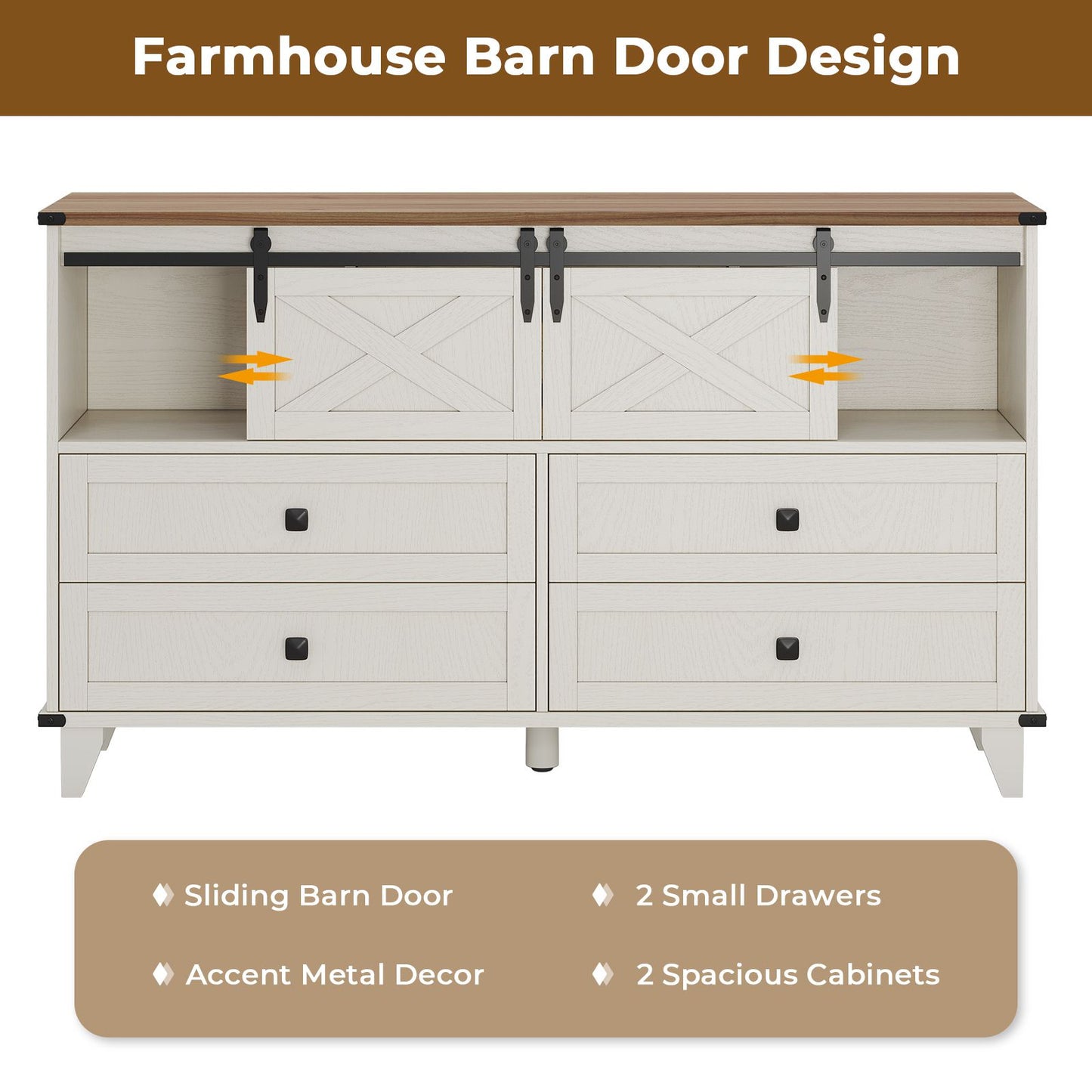 Hasuit | 55.1 Inch Farmhouse 6 Drawer Dresser for Bedroom Retro Chest of Drawers with Sliding Barn Door