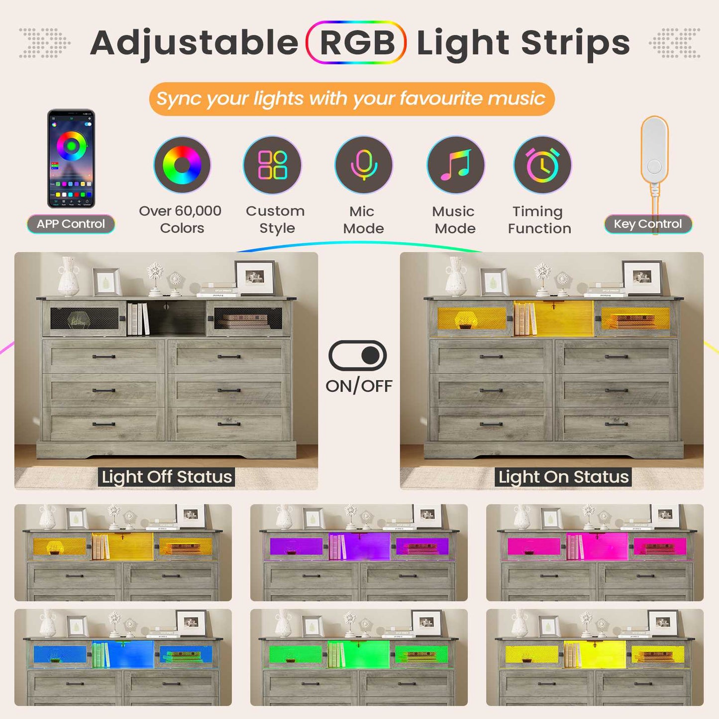 Hasuit | 47.2 Inch 6 Drawer Dresser with LED Lights and Charging Station Farmhouse Chest of Drawers Closet Organizer, Clothes Storage Cabinet