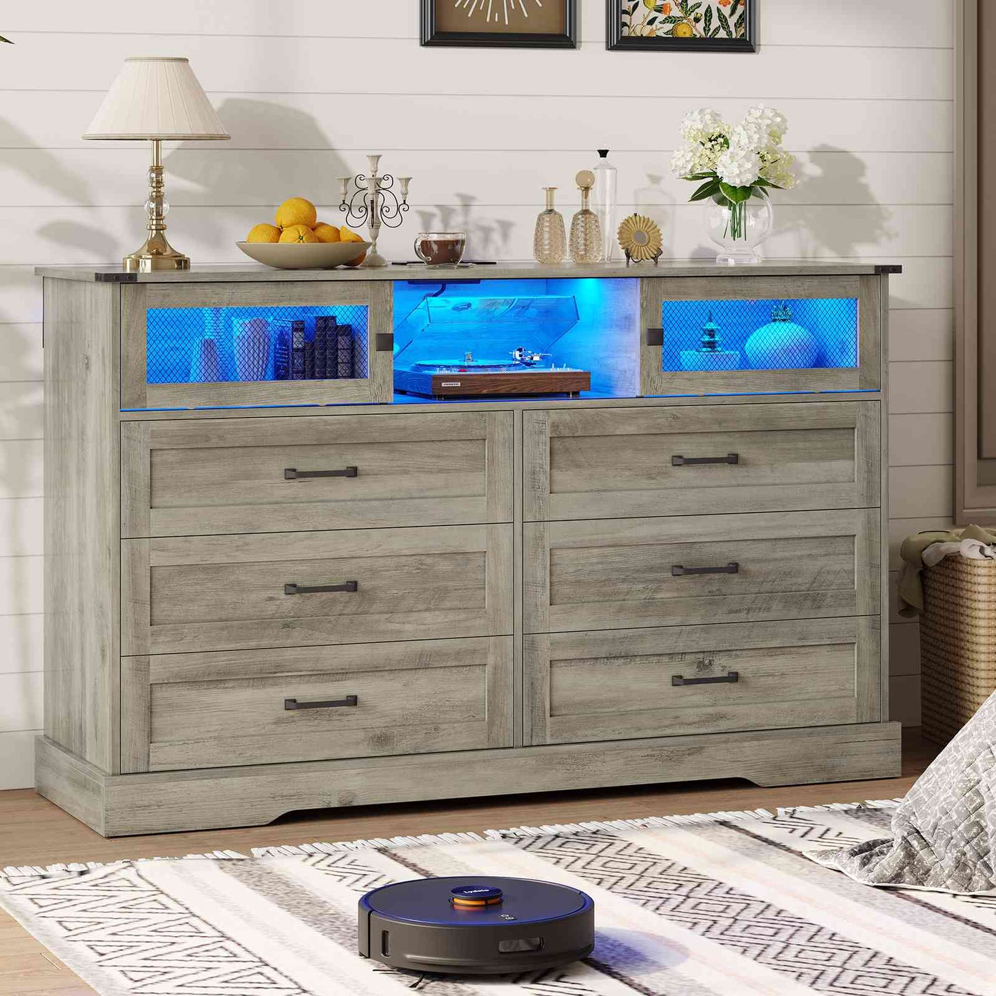 Hasuit | 47.2 Inch 6 Drawer Dresser with LED Lights and Charging Station Farmhouse Chest of Drawers Closet Organizer, Clothes Storage Cabinet