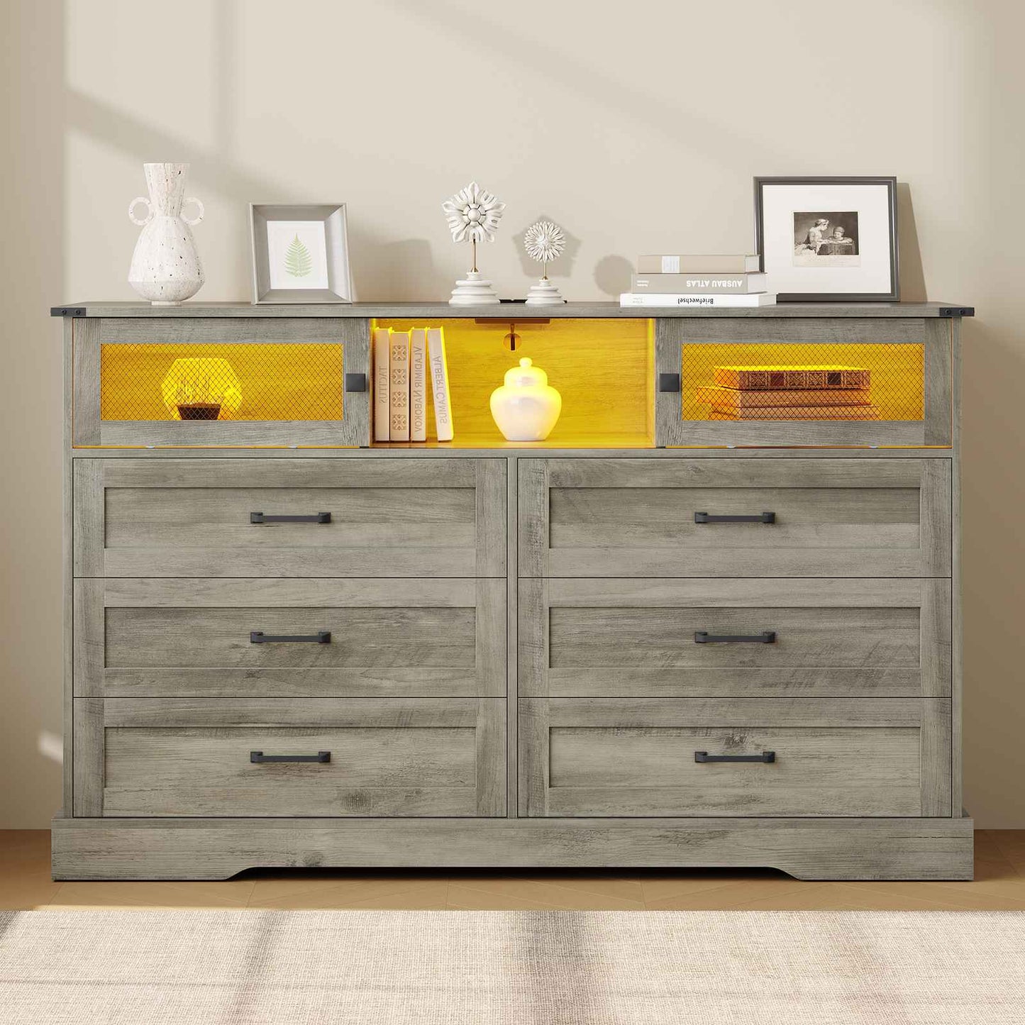 Hasuit | 47.2 Inch 6 Drawer Dresser with LED Lights and Charging Station Farmhouse Chest of Drawers Closet Organizer, Clothes Storage Cabinet
