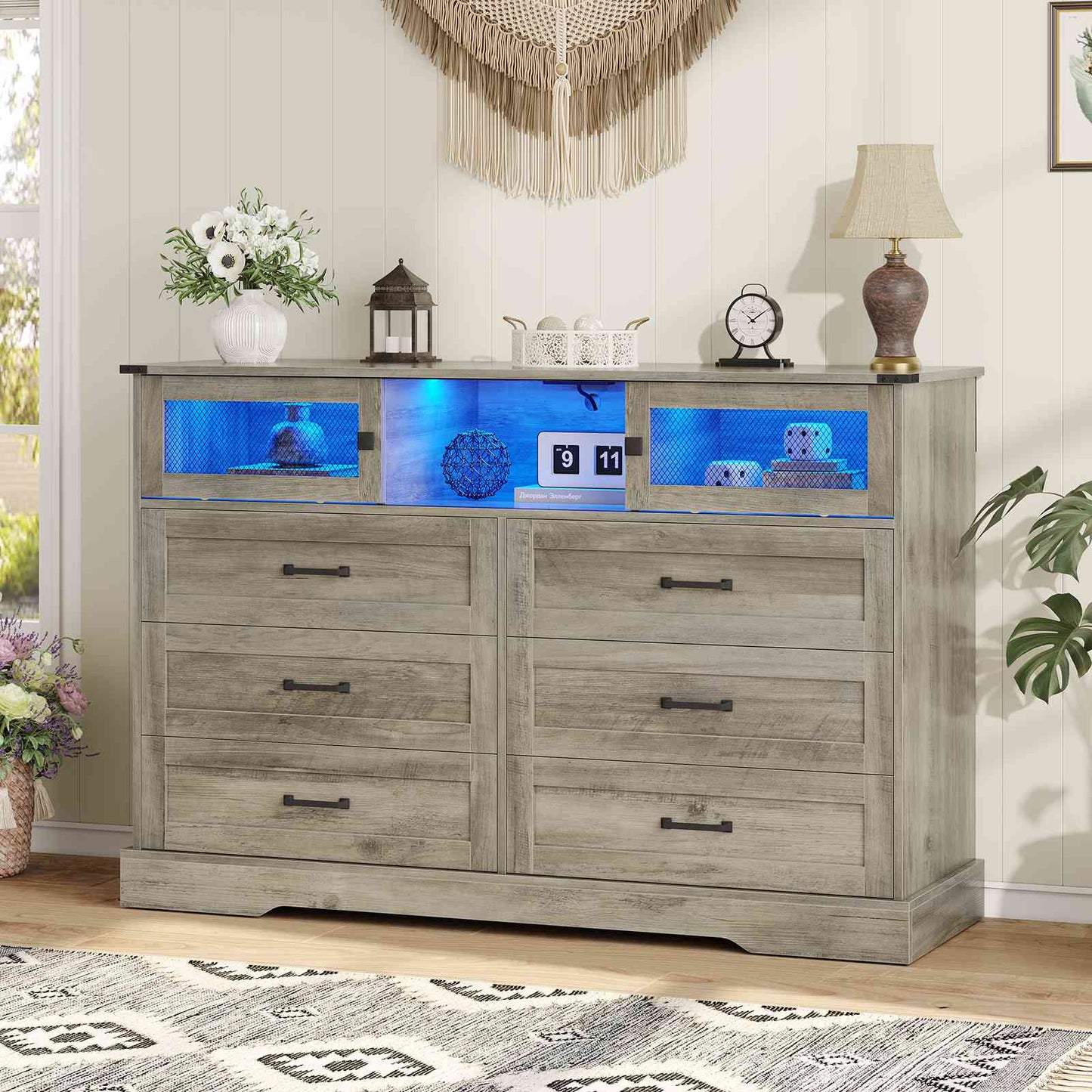 Hasuit | 47.2 Inch 6 Drawer Dresser with LED Lights and Charging Station Farmhouse Chest of Drawers Closet Organizer, Clothes Storage Cabinet