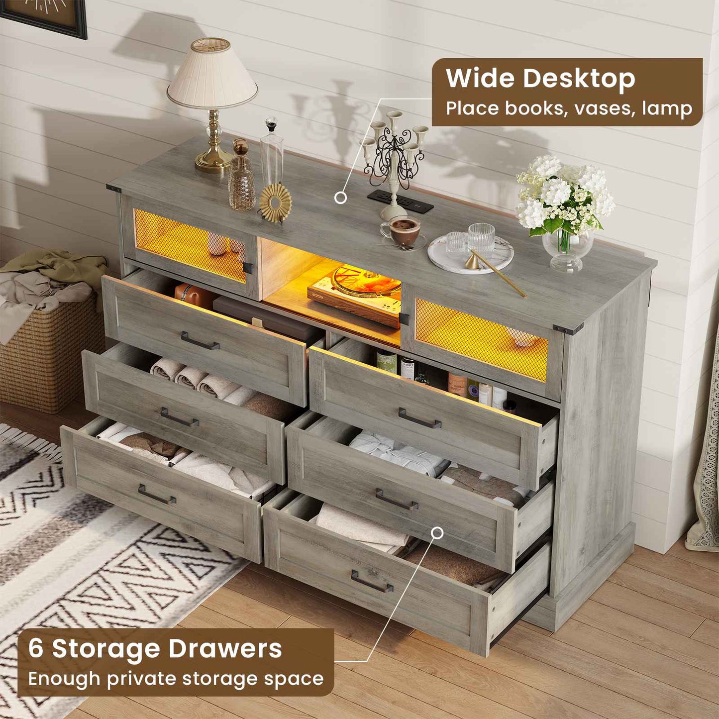 Hasuit | 47.2 Inch 6 Drawer Dresser with LED Lights and Charging Station Farmhouse Chest of Drawers Closet Organizer, Clothes Storage Cabinet