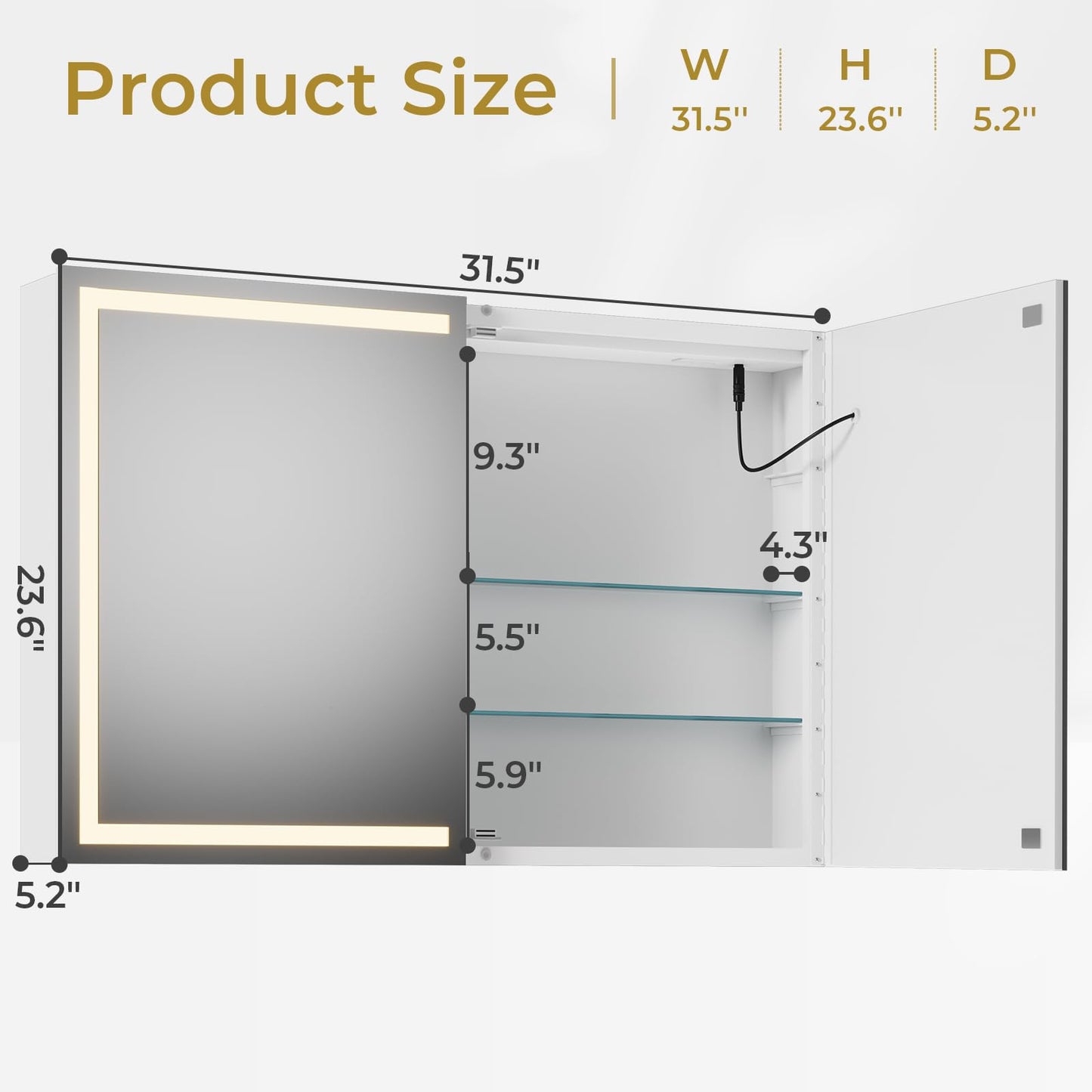 Hasuit | Lighted Medicine Cabinet with Mirror 2 Doors Wall Mounted Bathroom Mirror with Storage 31.5'' x 23.6''