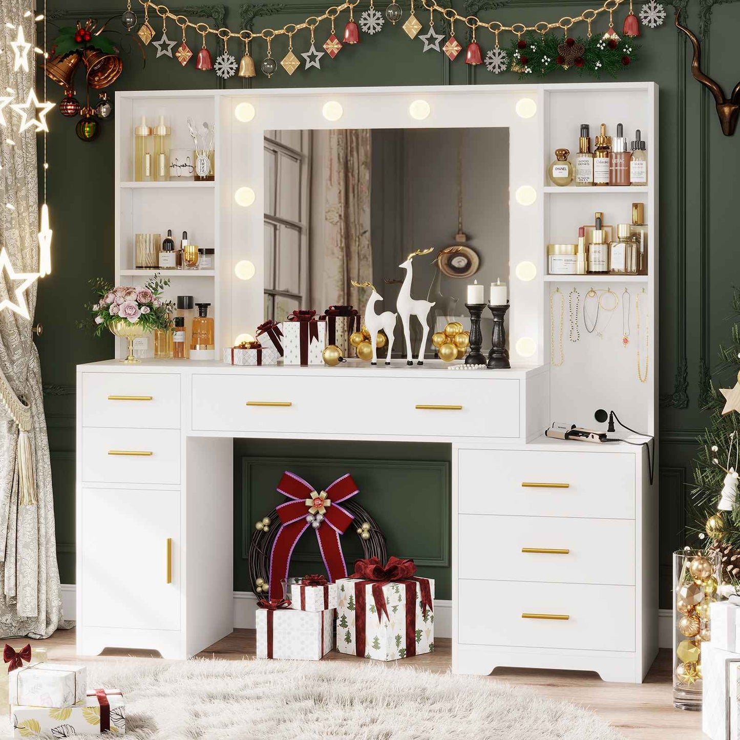 Hasuit | 48.8 Inch Large Vanity Desk with Lighted Mirror & Power Outlet White Makeup Vanity Table with 6 Drawers 4 Shelves and 1 Storage Cabinet