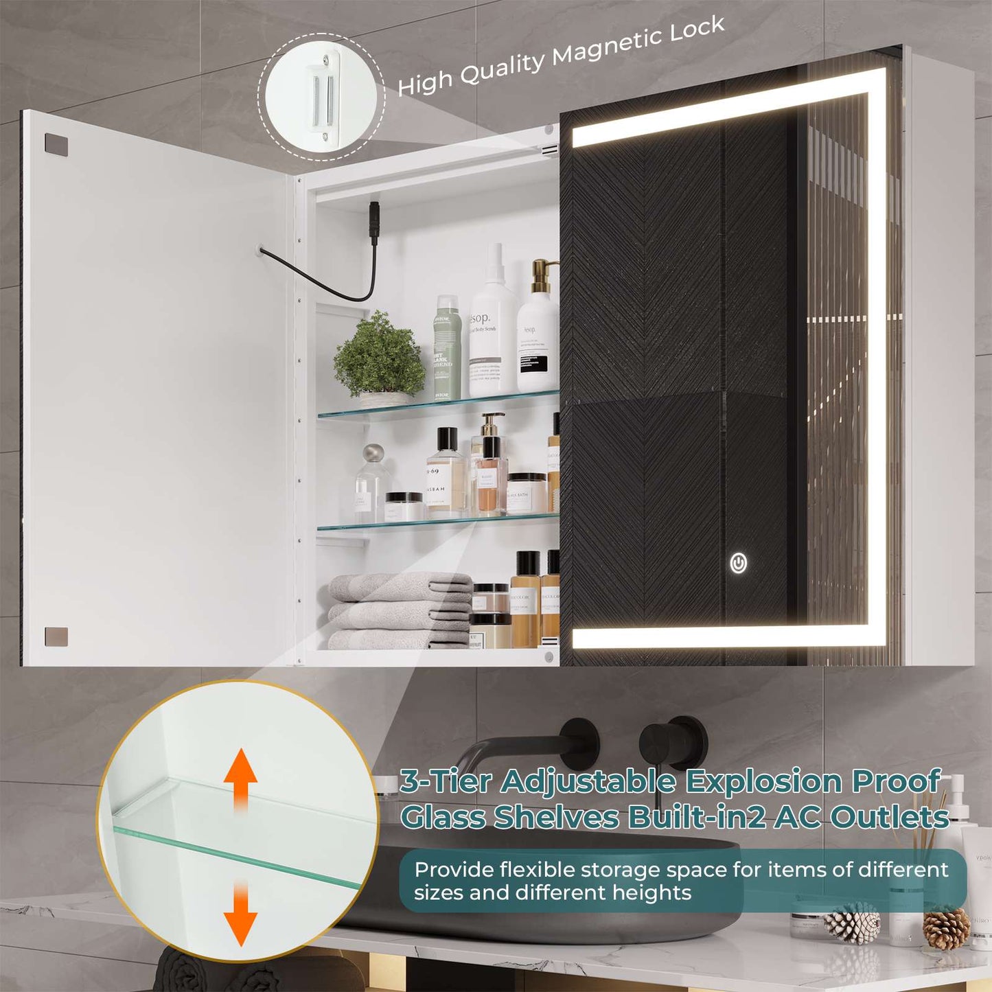 Hasuit | Lighted Medicine Cabinet with Mirror Wall Mounted Bathroom Mirror with Storage and LED Lights 35.4'' x 23.6''