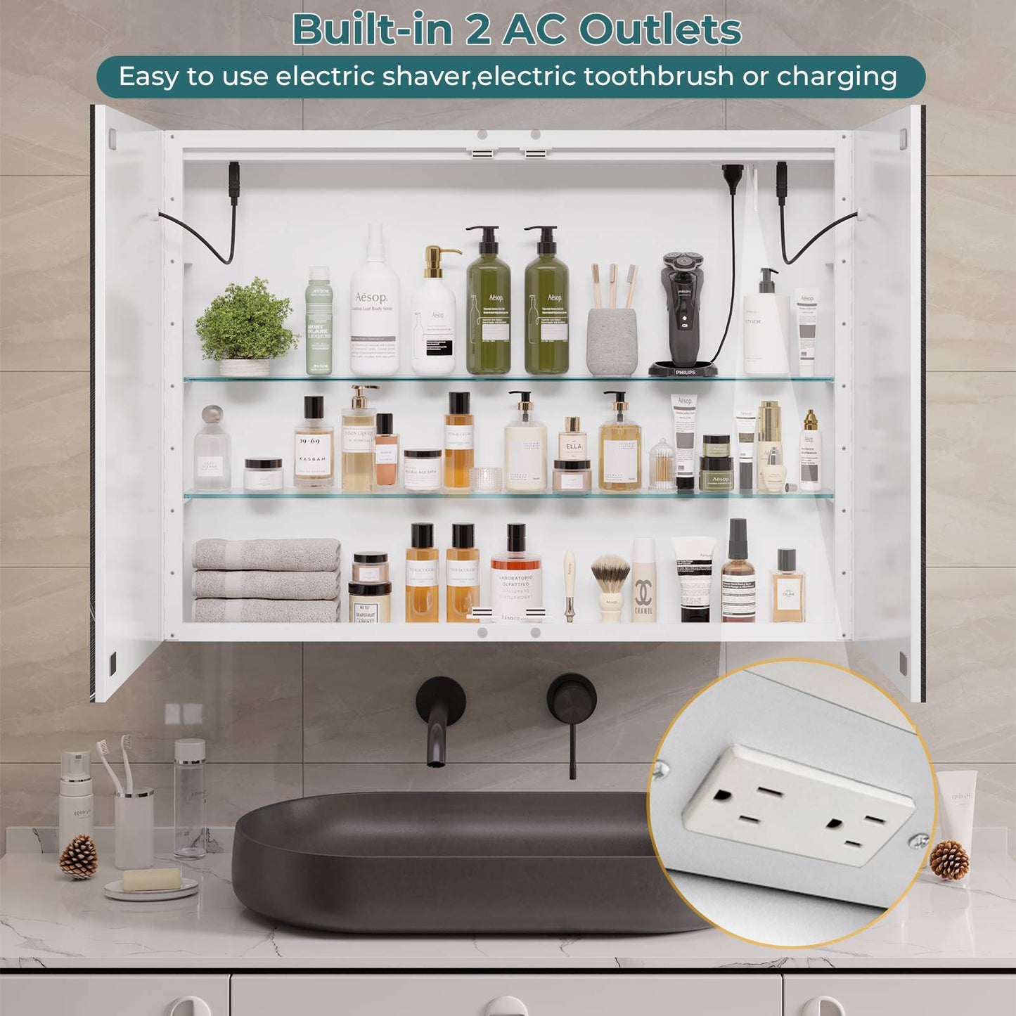 Hasuit | Lighted Medicine Cabinet with Mirror 2 Doors Wall Mounted Bathroom Mirror with Storage 31.5'' x 23.6''