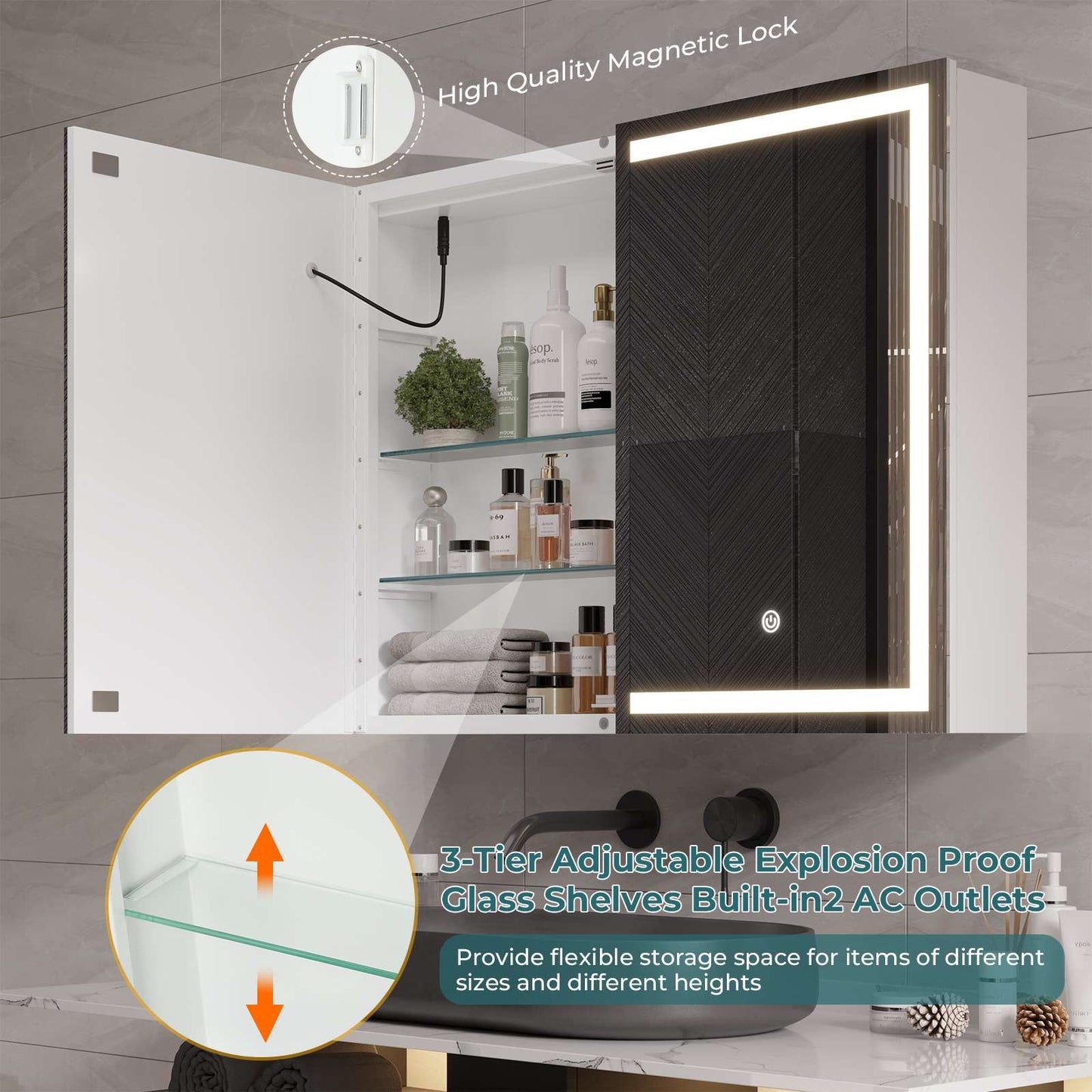 Hasuit | Lighted Medicine Cabinet with Mirror 2 Doors Wall Mounted Bathroom Mirror with Storage 31.5'' x 23.6''