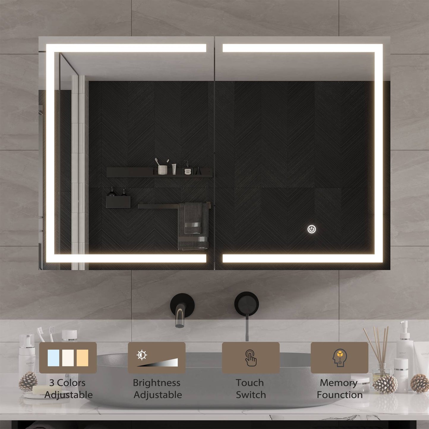 Hasuit | Lighted Medicine Cabinet with Mirror Wall Mounted Bathroom Mirror with Storage and LED Lights 35.4'' x 23.6''